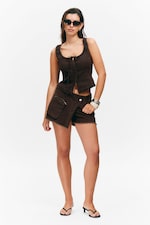 Dark Brown - Asymmetric Cotton Twill Wrap Skort - 0