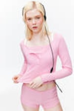 Pink - Ribbed Mini Henley Top - 2