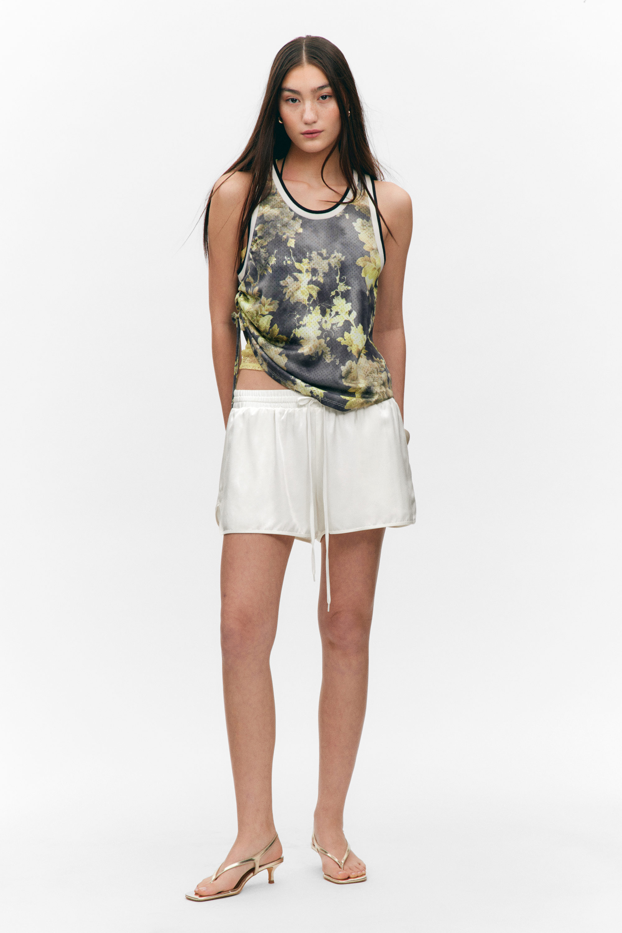 Dunkles Blumenmuster - Mesh-Tanktop mit Kordelzug - 2