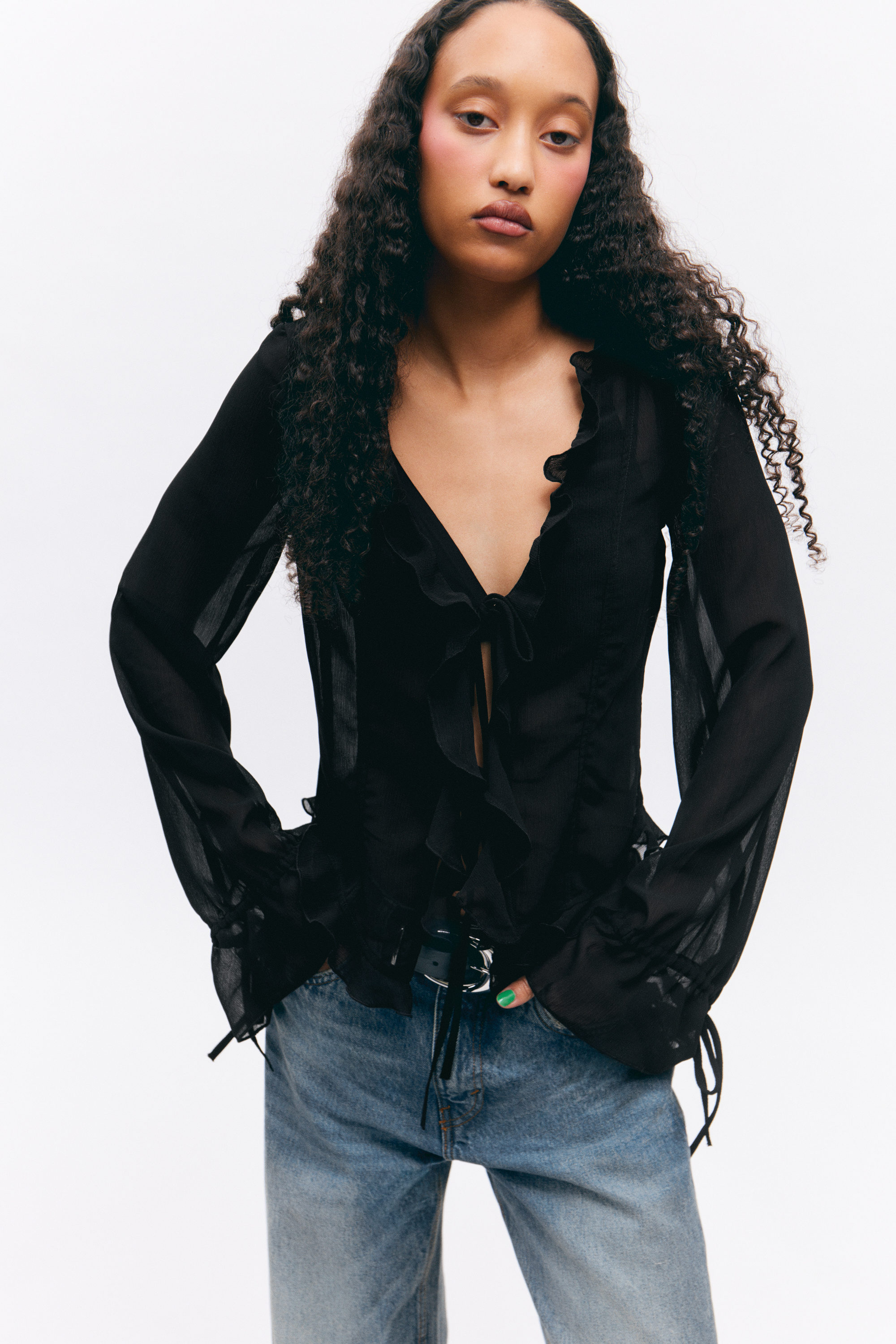 Black - Sheer Chiffon Tie Blouse - 1