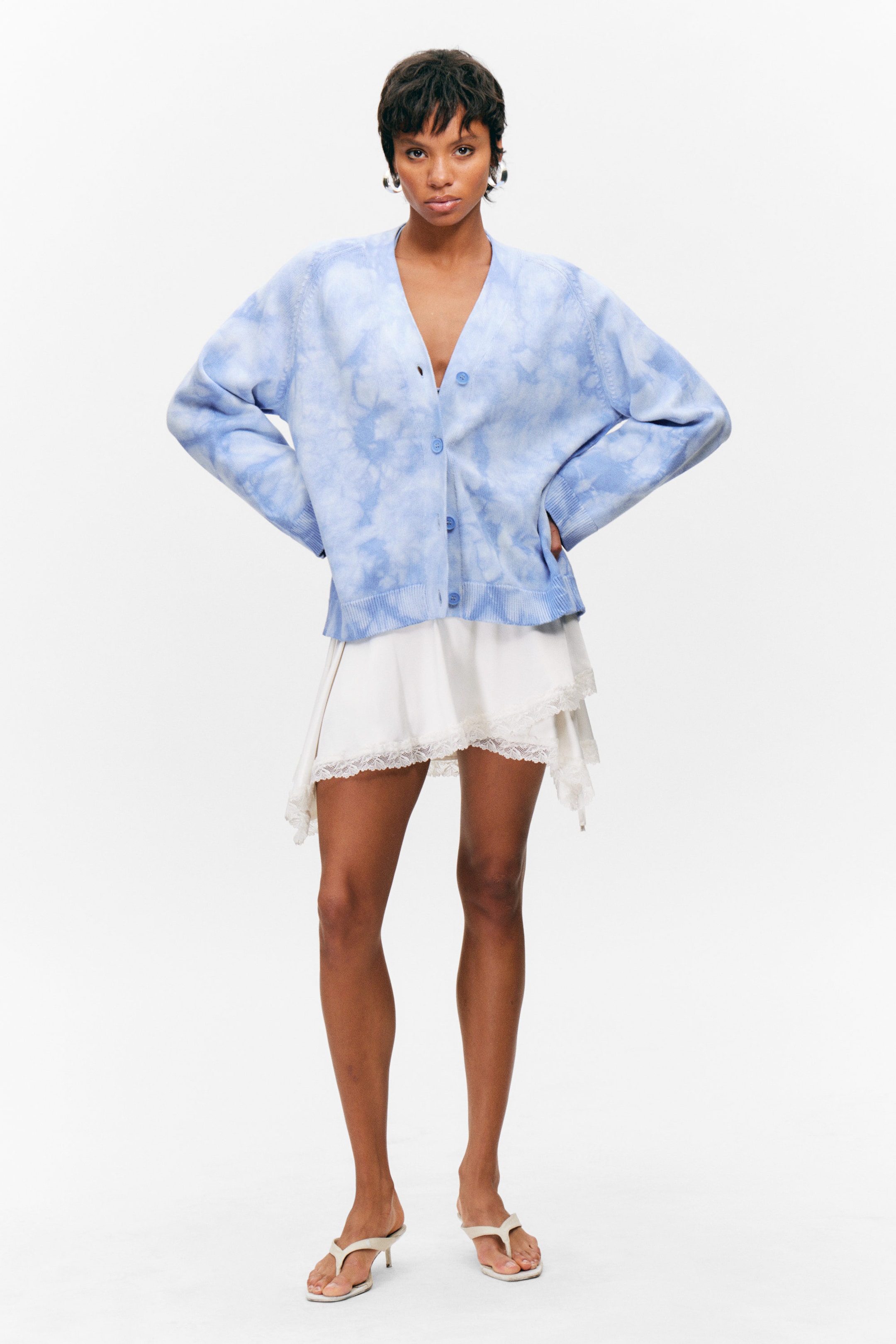 Washed Blue - Tie-dye - Jacquard Knitted Cotton Cardigan - 2