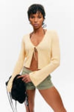 Light Yellow - Ribbed Tie-Front Cardigan - 0