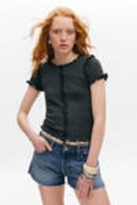 Dark Grey - Frill-Edge Ribbed Knitted Top - 0