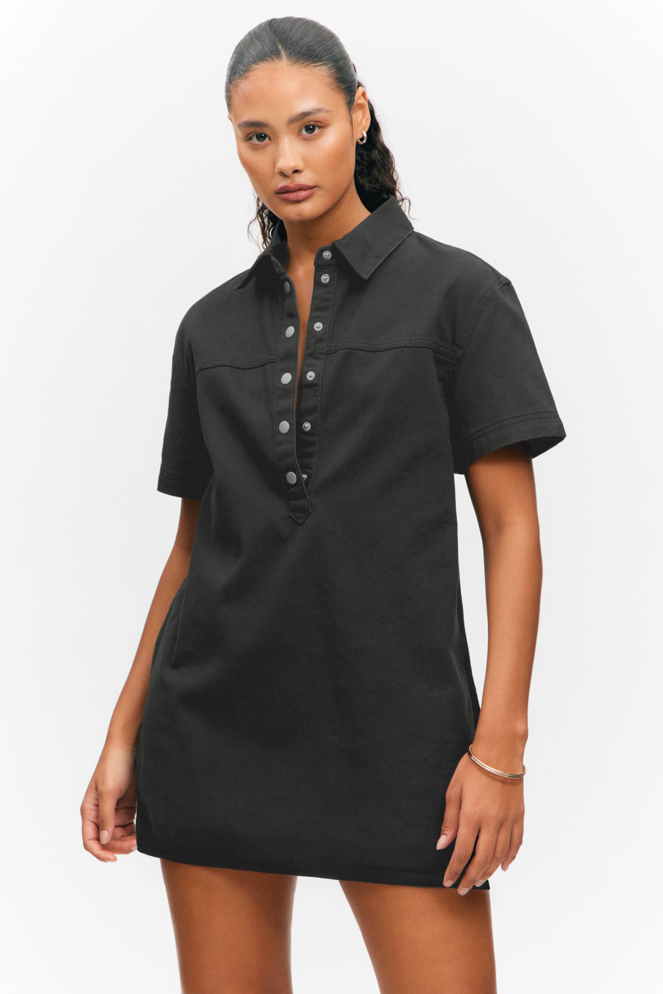 Off-black - Short-Sleeved Mini Shirt Dress - 1
