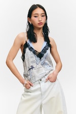 White Newspaper - Blue Flame - Lace-Trimmed Satin Camisole - 0