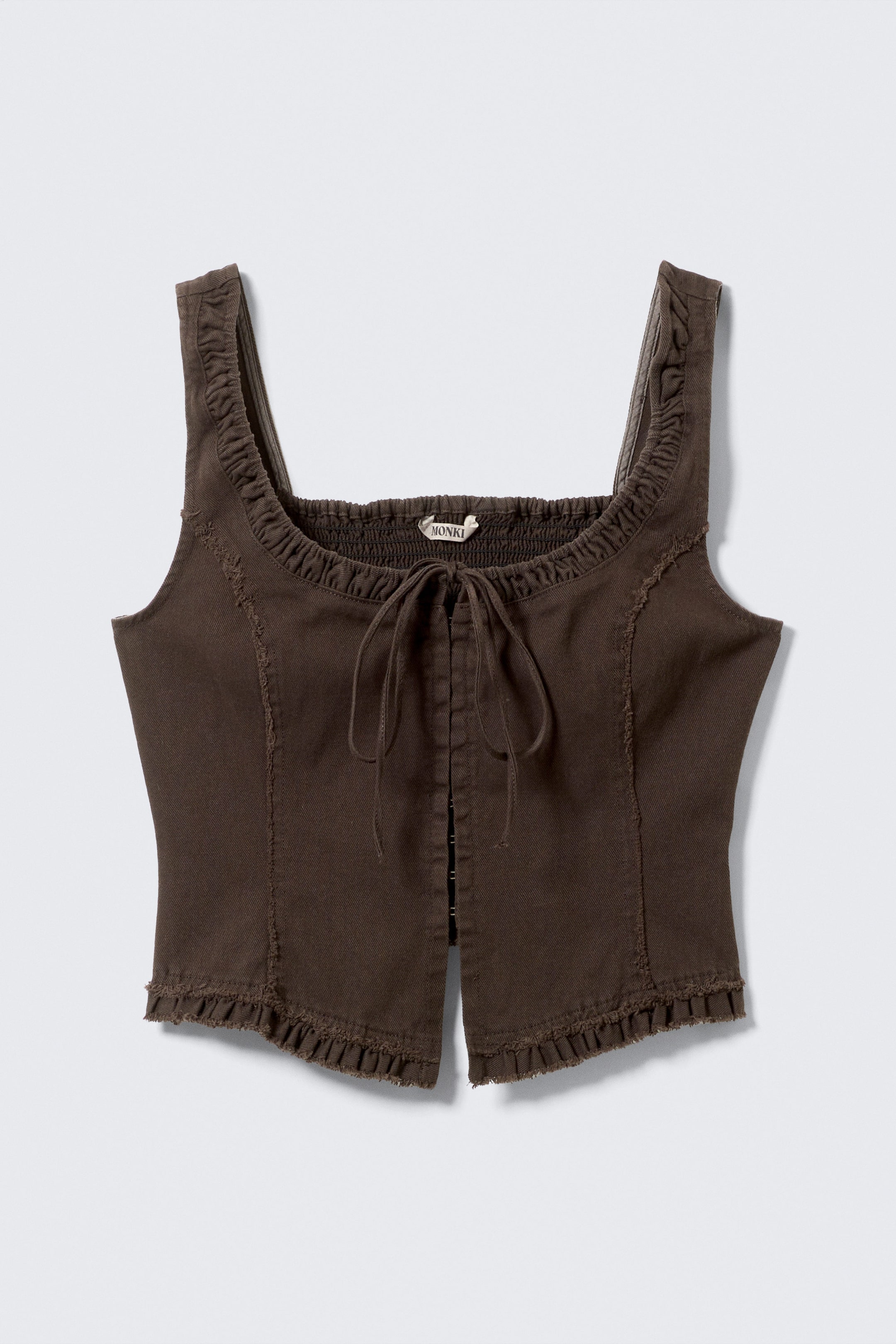 Dunkelbraun - Korsett-Top aus Twill mit Rüschenbesatz - 0