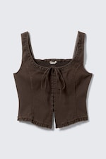 Dunkelbraun - Korsett-Top aus Twill mit Rüschenbesatz - 0