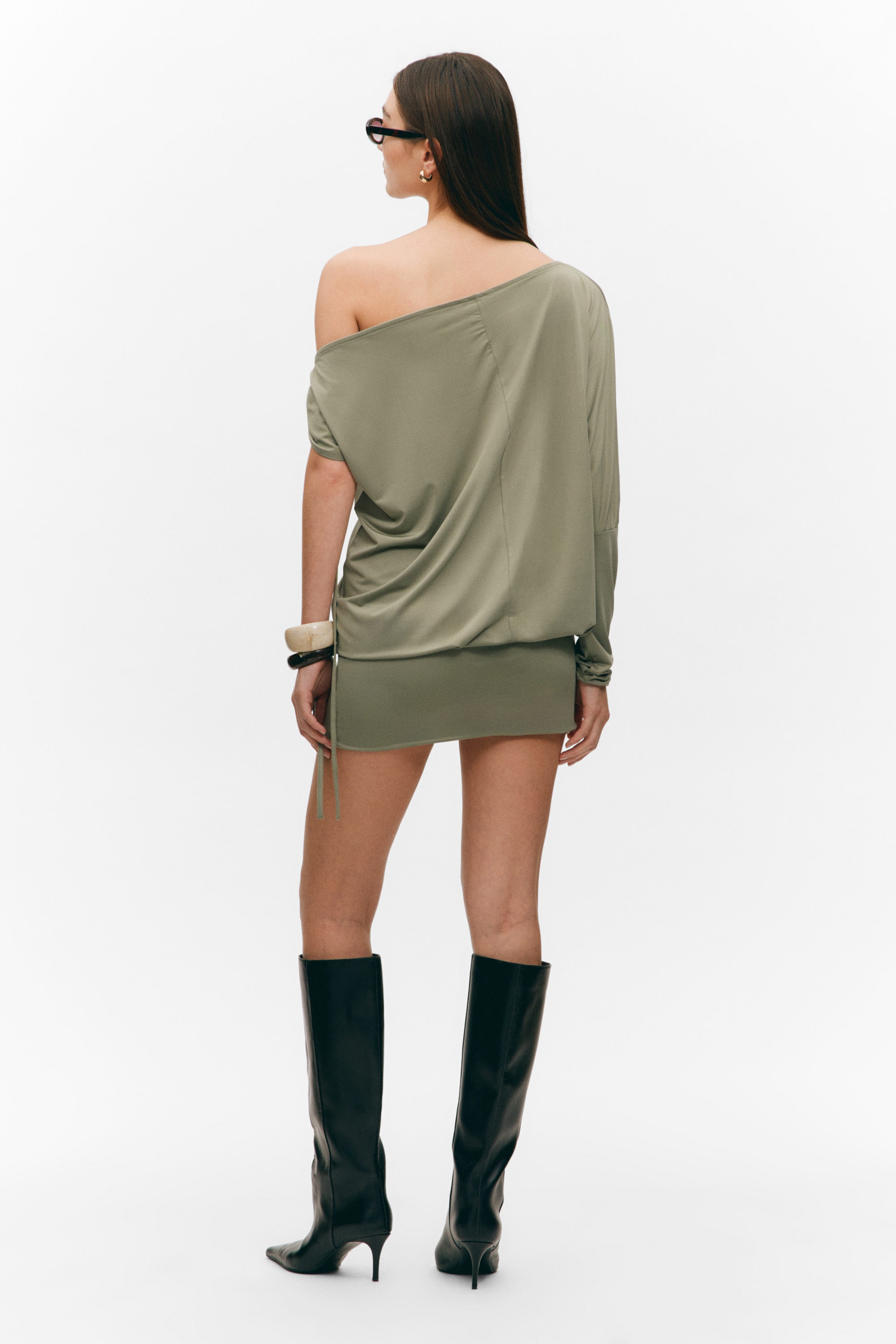 Khakigrön - En-ärmad draperad klänning i jersey - 2