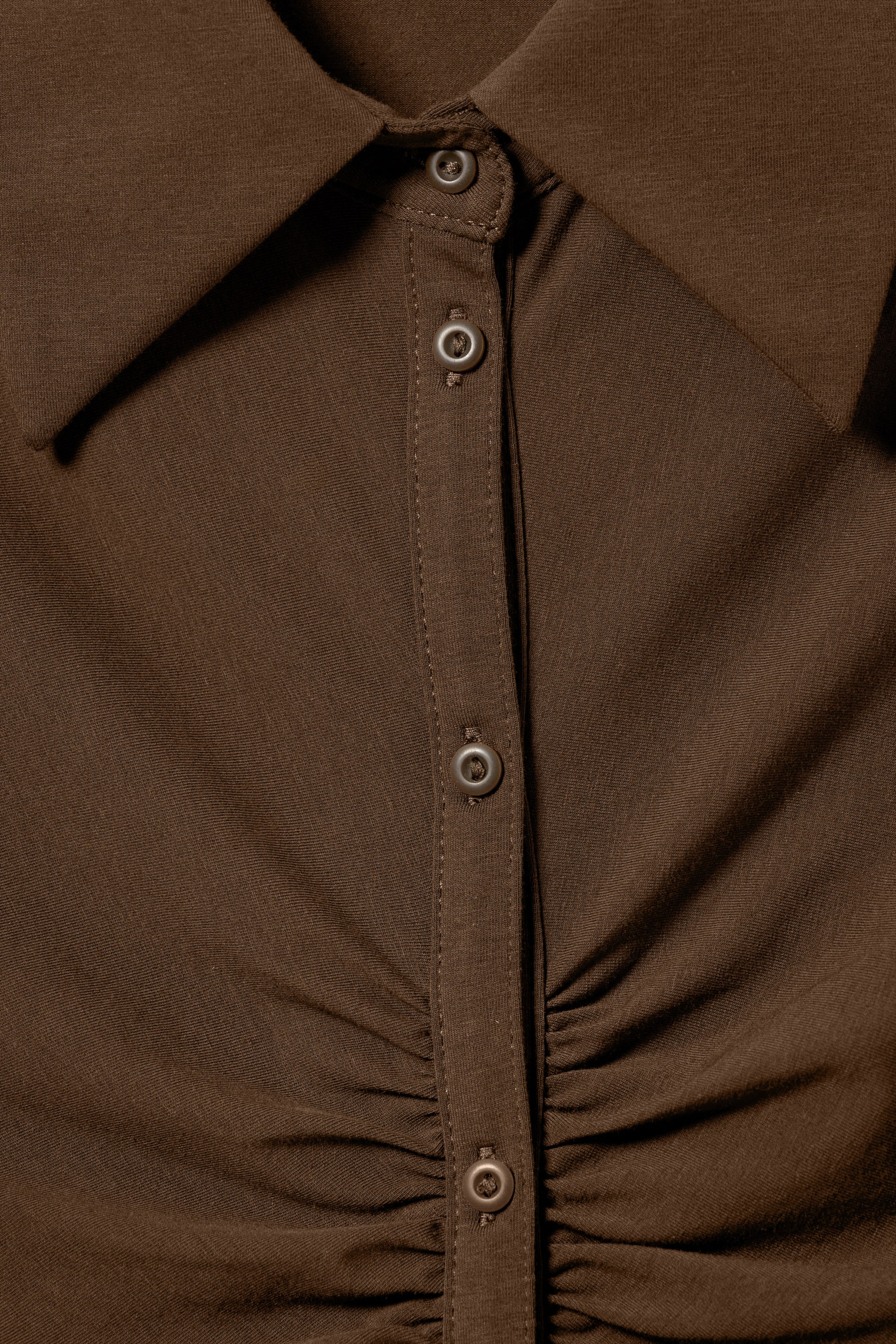 Dark Brown - Short-Sleeved Mini Shirt Dress - 1