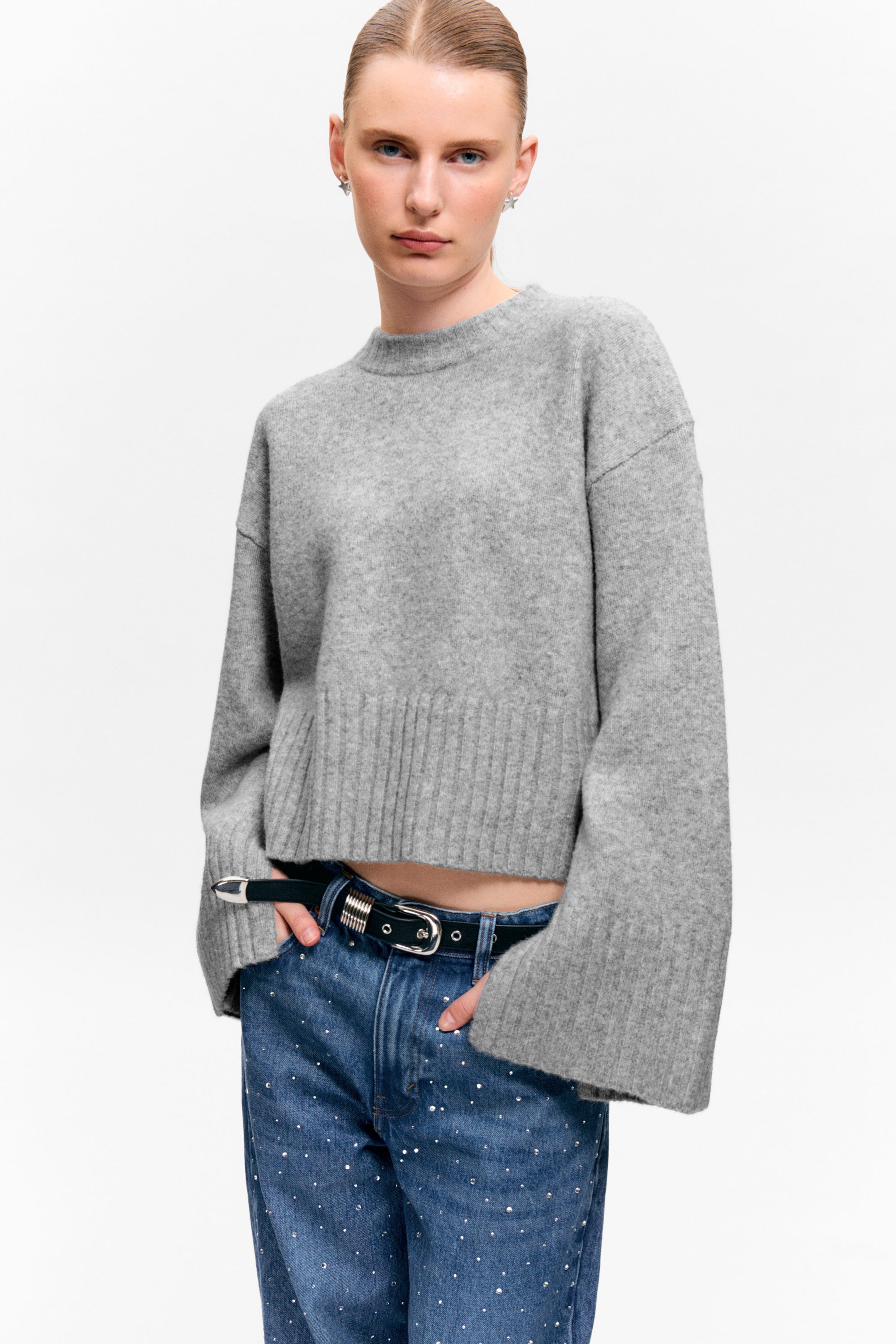 Grey Melange - Knitted Oversized Sweater - 1