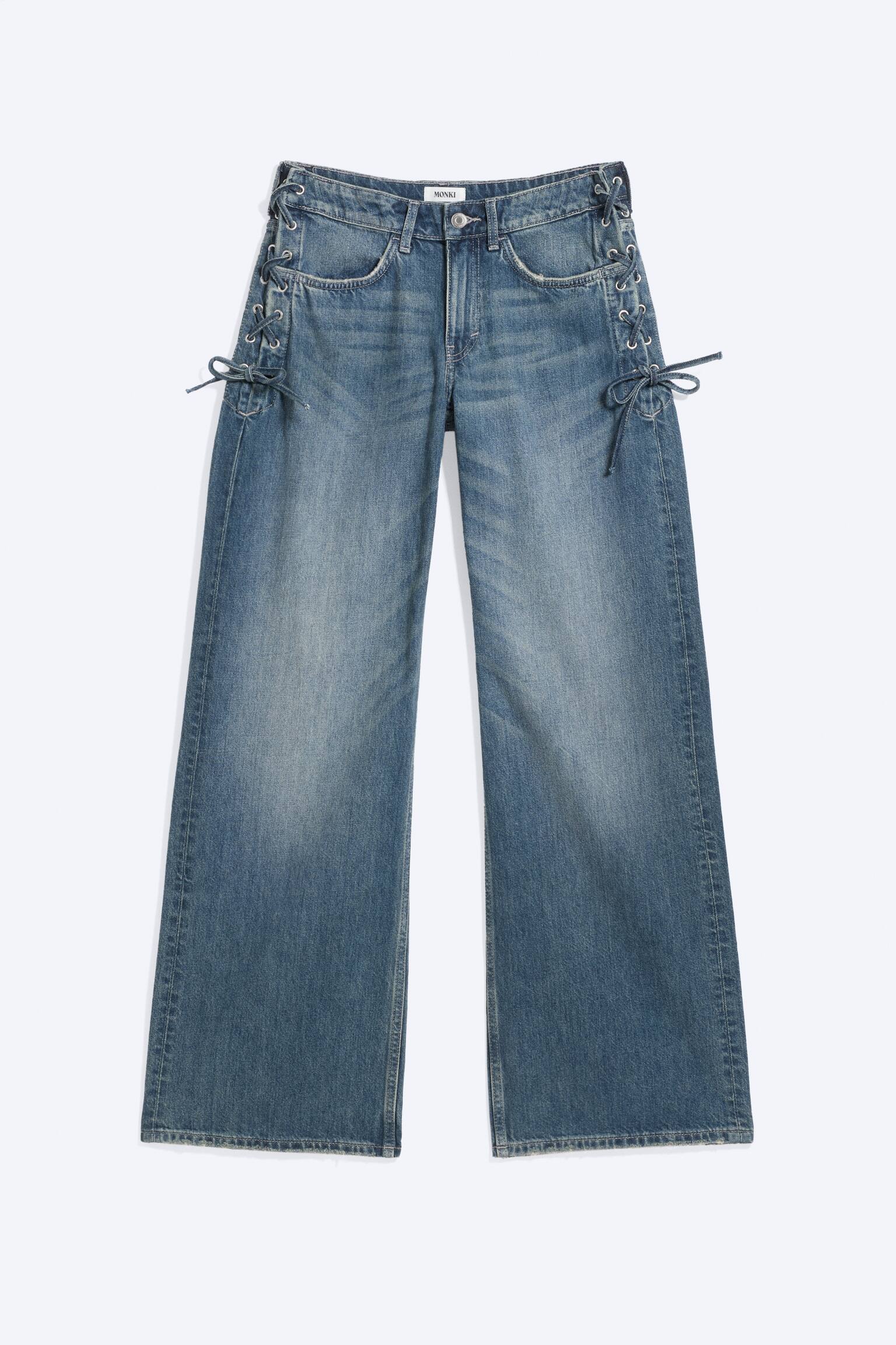 IMOO LOW RISE LOOSE WIJDE JEANS MET VETERS - Lace Up Blue - Medium Blue