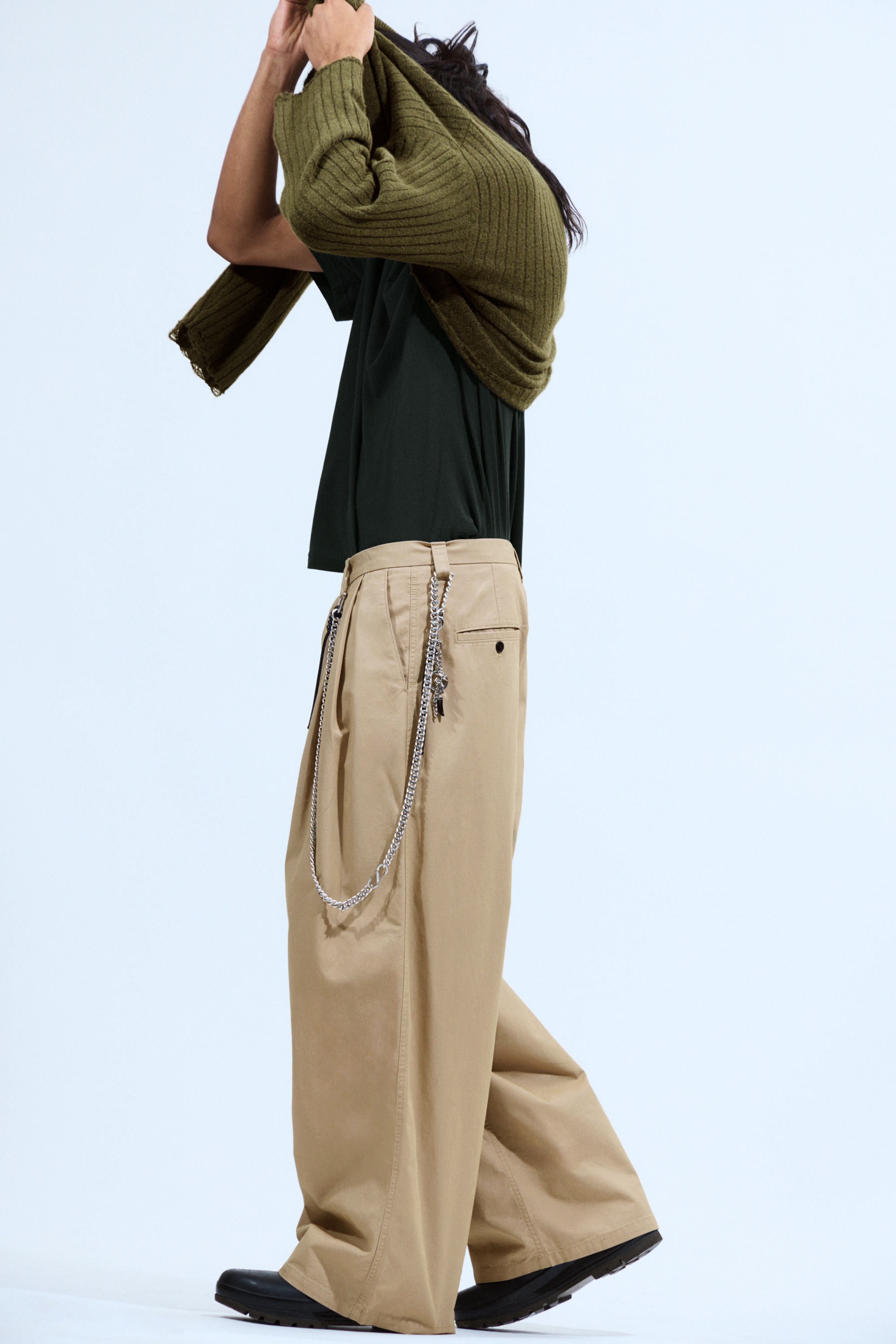 Chinos Otis Oversized Pleated Cotton Twill - Beige/Verde caqui/Negro