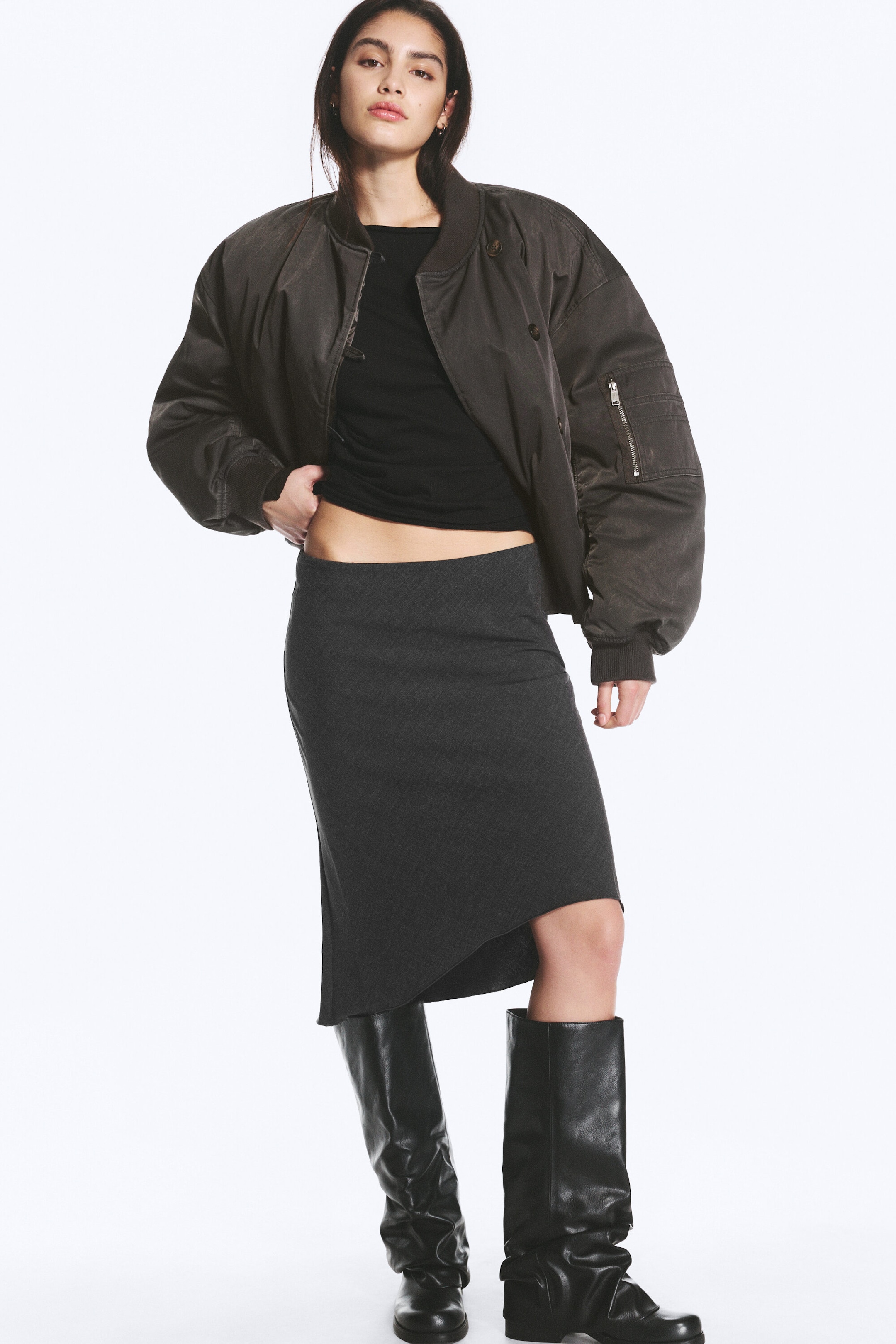 Dark Grey Melange - Mid-Rise Flared Midi Skirt - 1