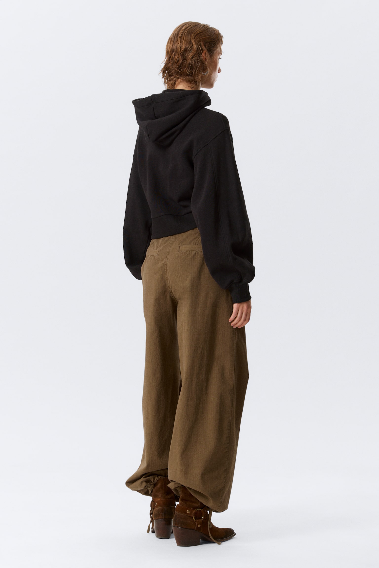 Cropped Asymmetric Zip Hoodie - Black/Washed Dark Beige - 6