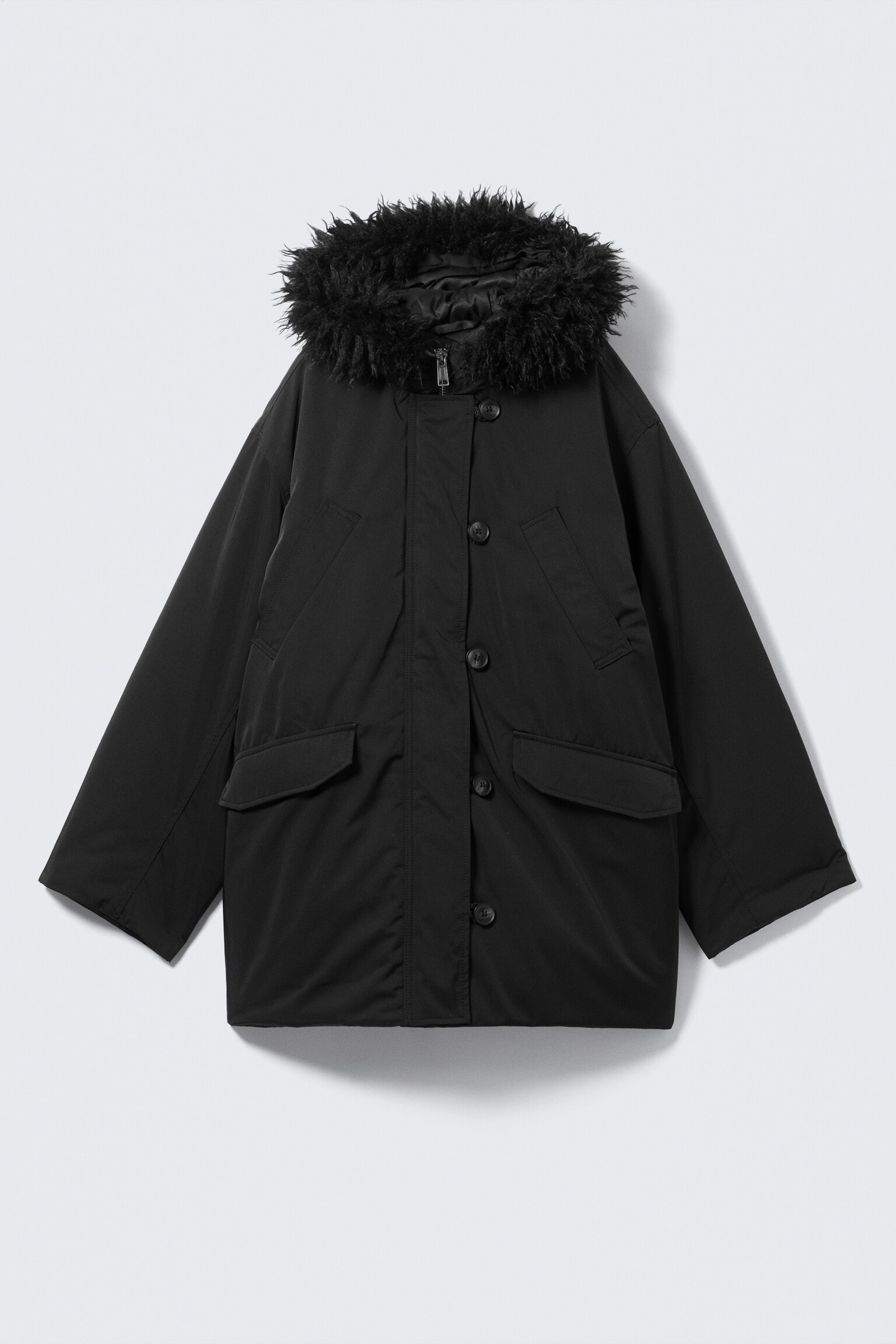 Padded Bomber Parka with Faux Fur Trim - Black/Dark Grey - 2