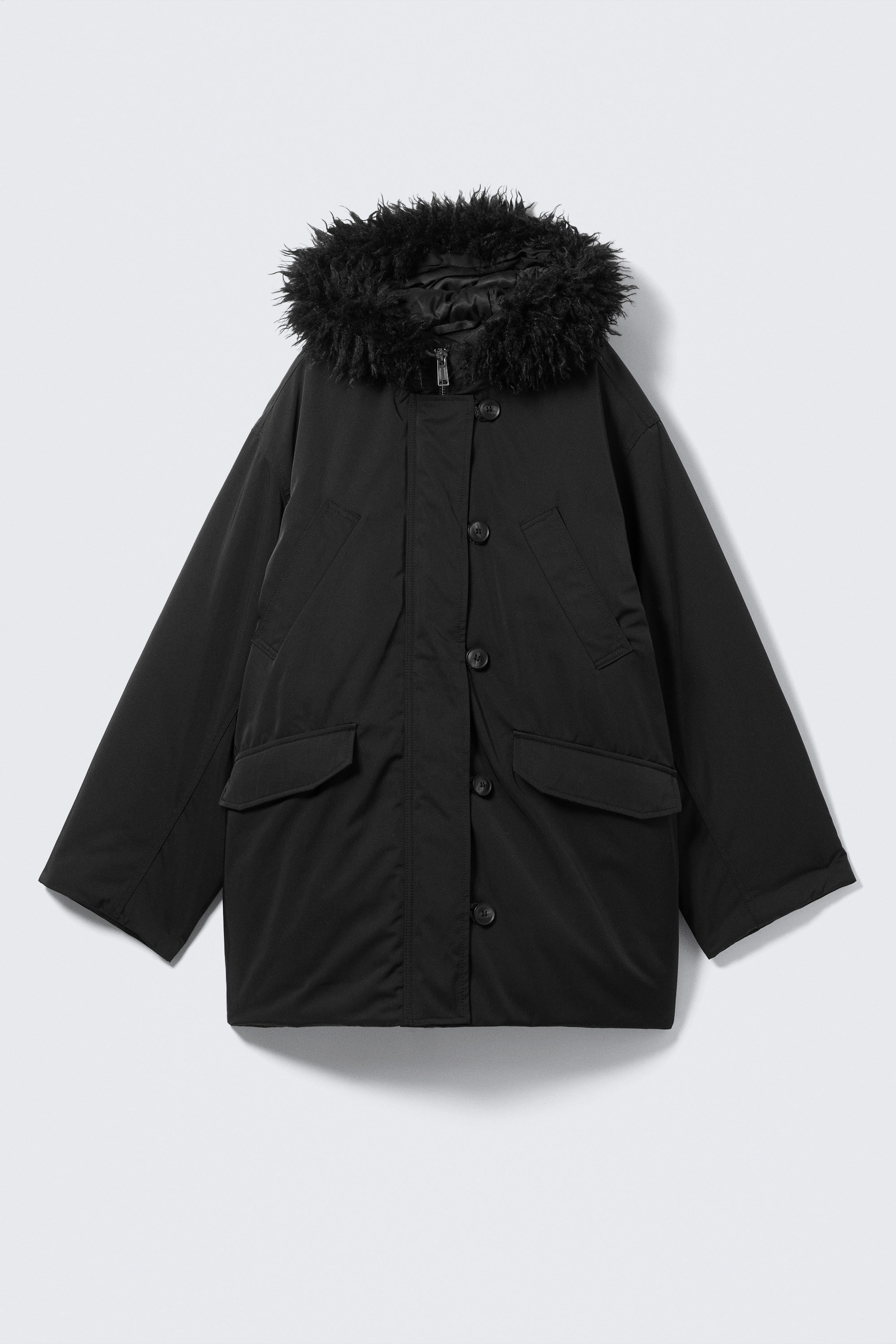 Black - Padded Bomber Parka with Faux Fur Trim - 5