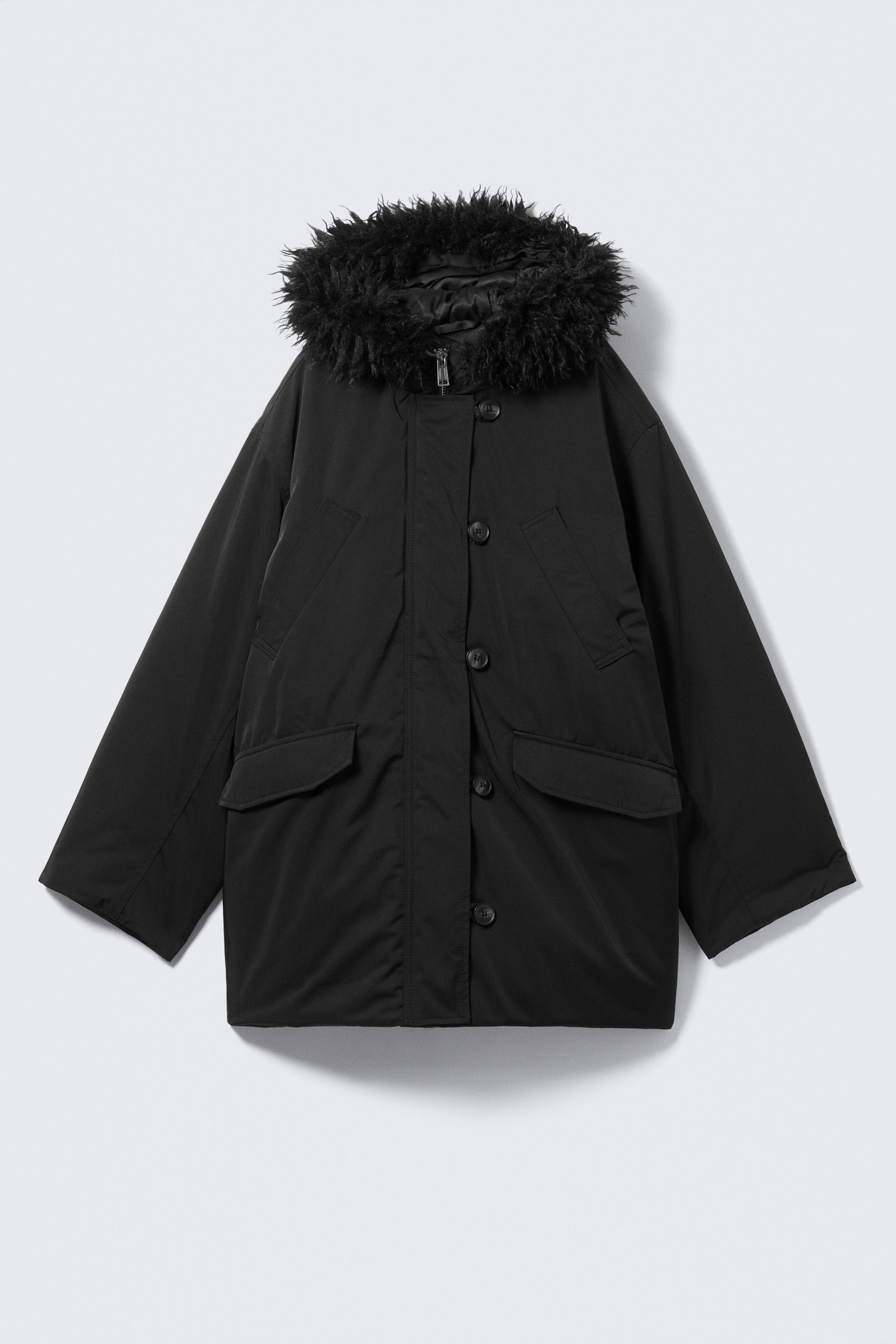 Black - Padded Bomber Parka with Faux Fur Trim - 5