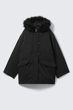 Black - Padded Bomber Parka with Faux Fur Trim - 5