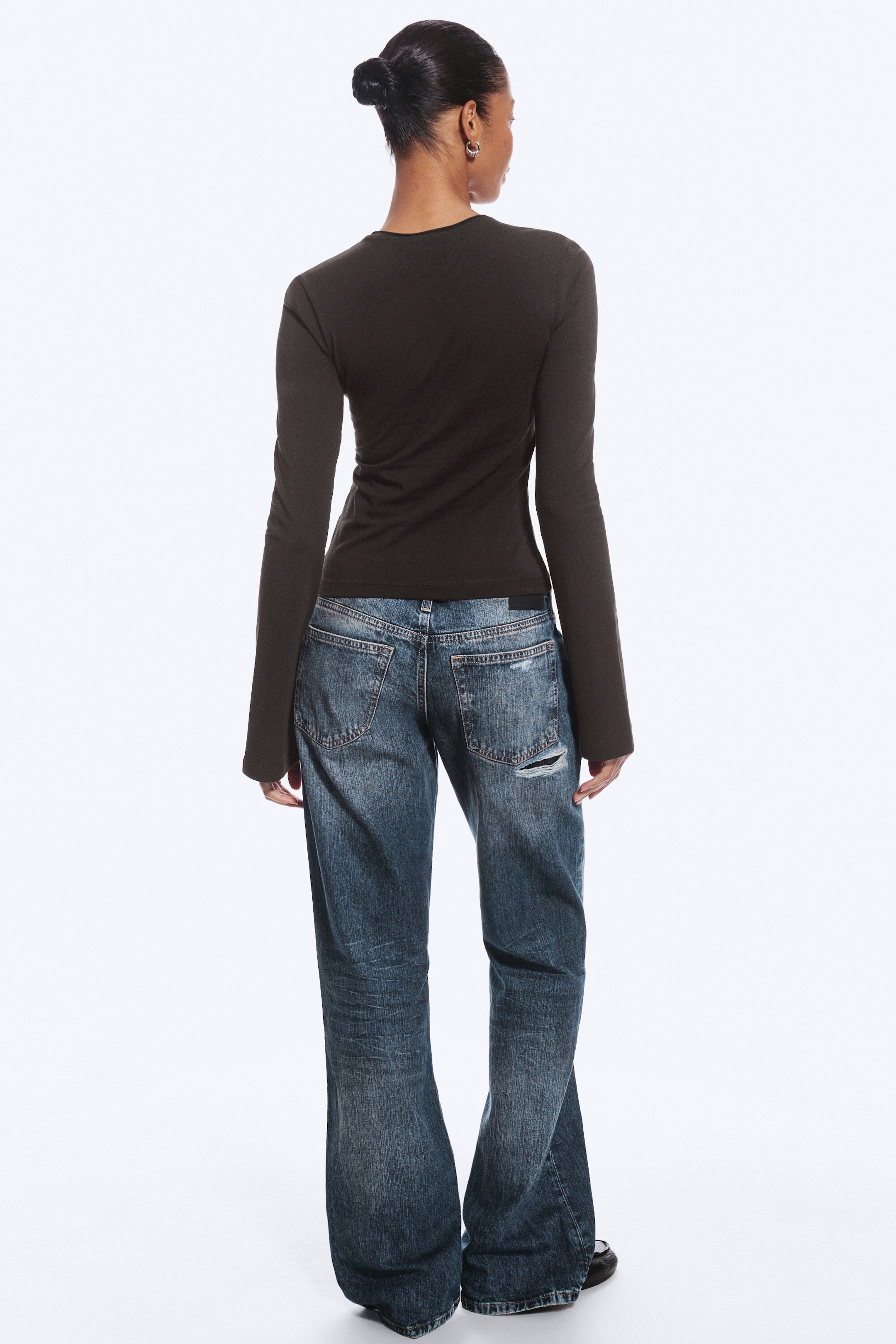 Dark Brown - Long Sleeve Cotton Top - 2