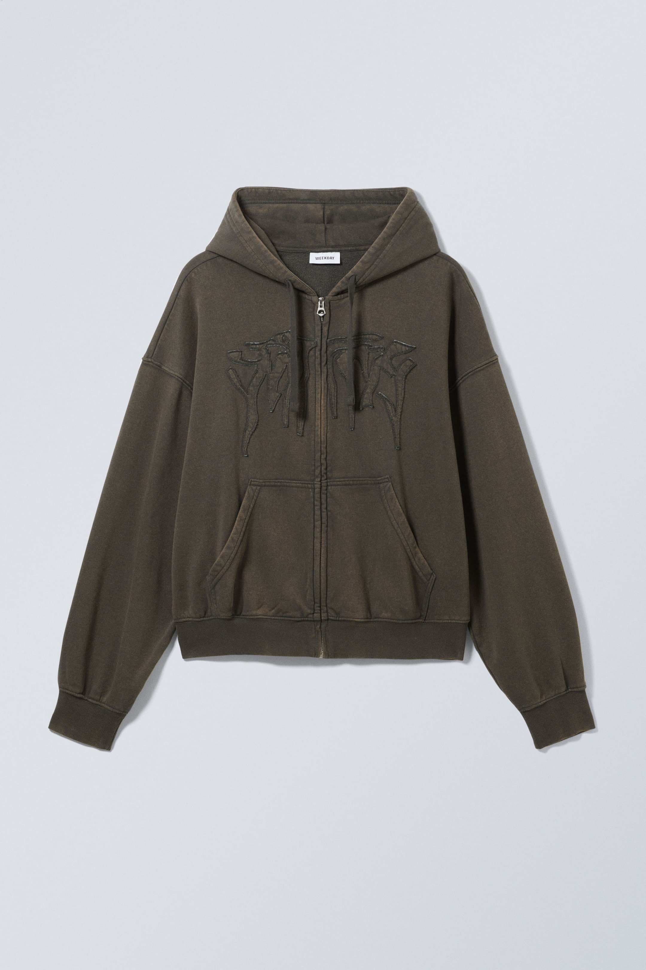 Dunkelgrau - Boxy-Kapuzenpullover mit Zipper und Stickerei - 0