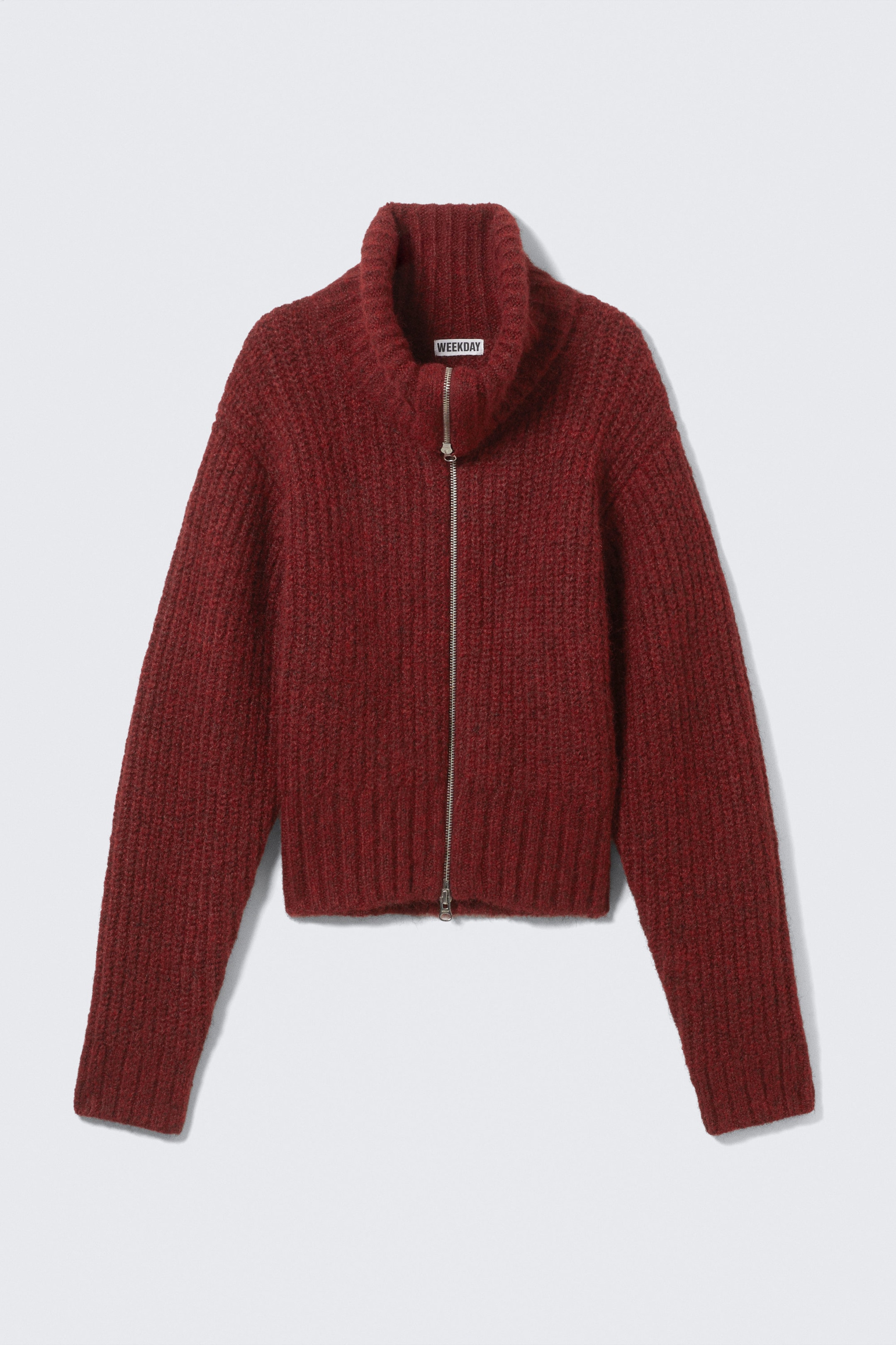 Dark Red Melange - Ribbed Zip-Up Knit Cardigan - 3