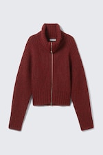 Dark Red Melange - Ribbed Zip-Up Knit Cardigan - 3