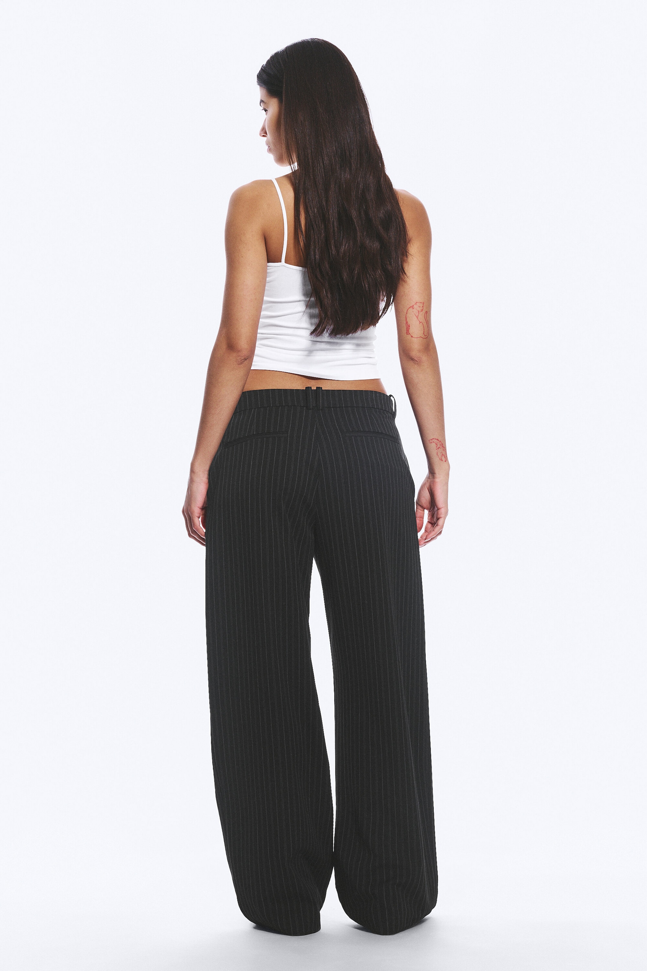 Pinstriped Black - Low-Waisted Loose Fit Suit Trousers - 3