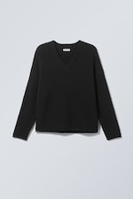 Schwarz - Boxy Strickpullover mit V-Ausschnitt - 0