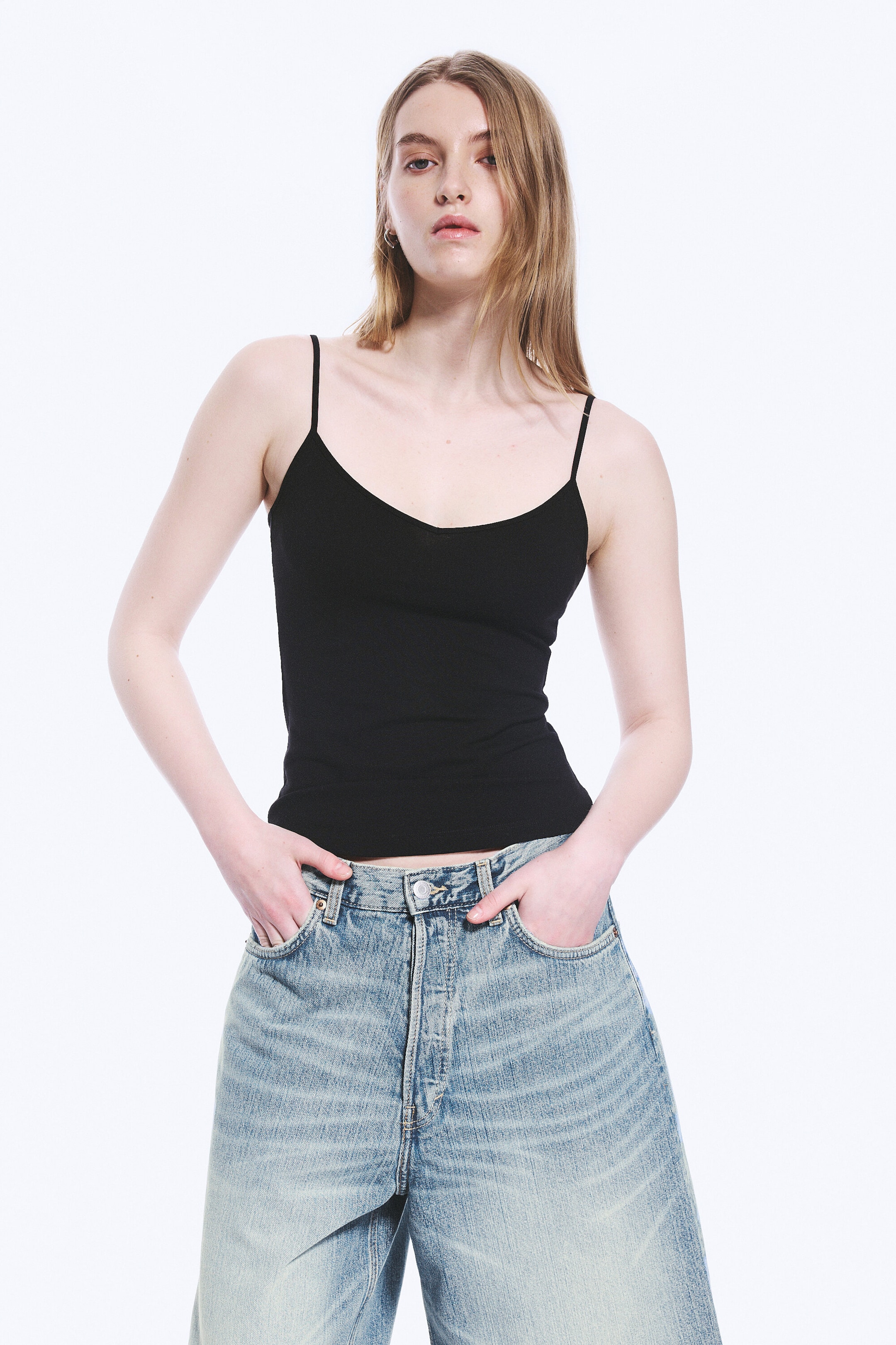 Zwart - Set van 2 katoenen slim fit singlet met V-hals - 1