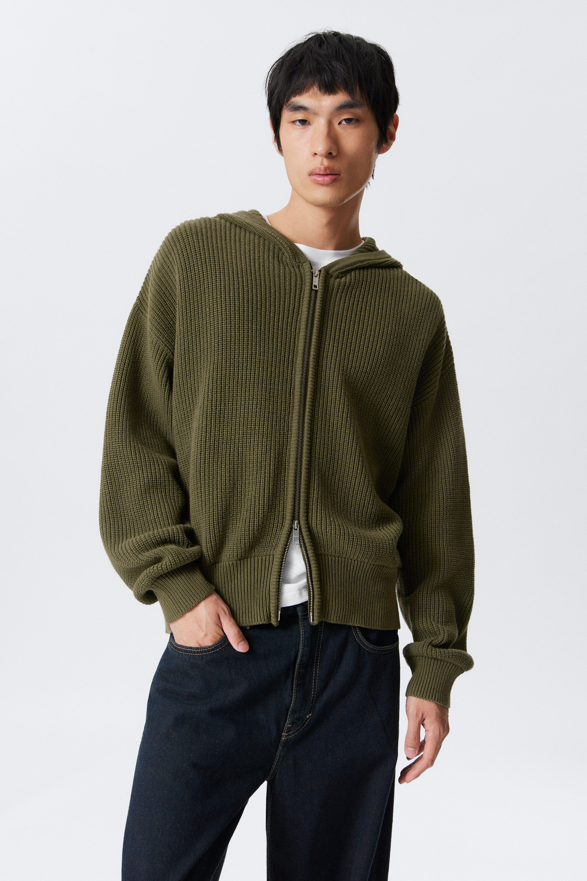 Dark Khaki Green - Boxy Knitted Hoodie - 1