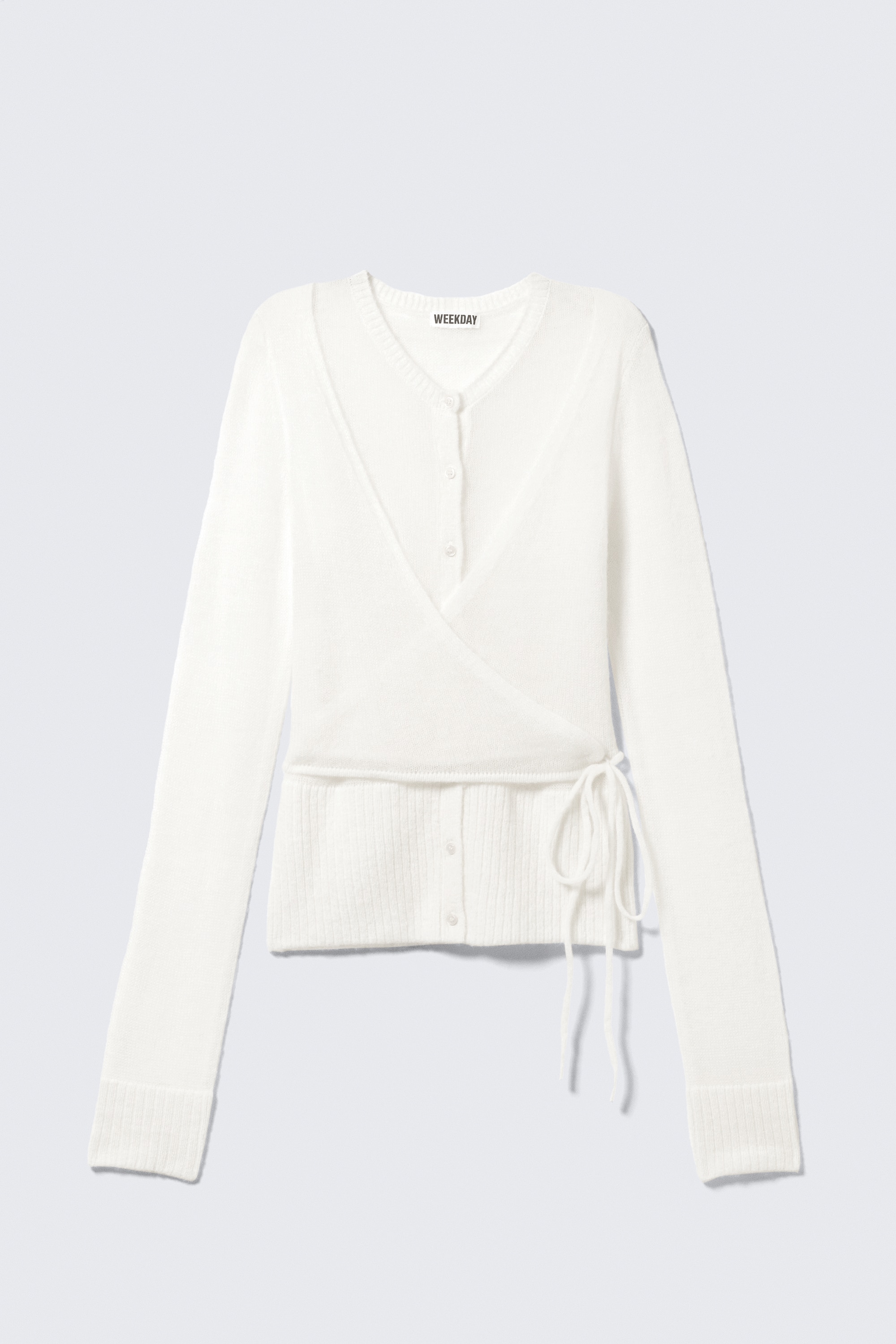 Cardigan de Malha com Efeito Cruzado em Mistura de Lã - Branco/Cinzento