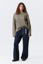 Grey - Long-Sleeved Boxy Cotton T-shirt - 1