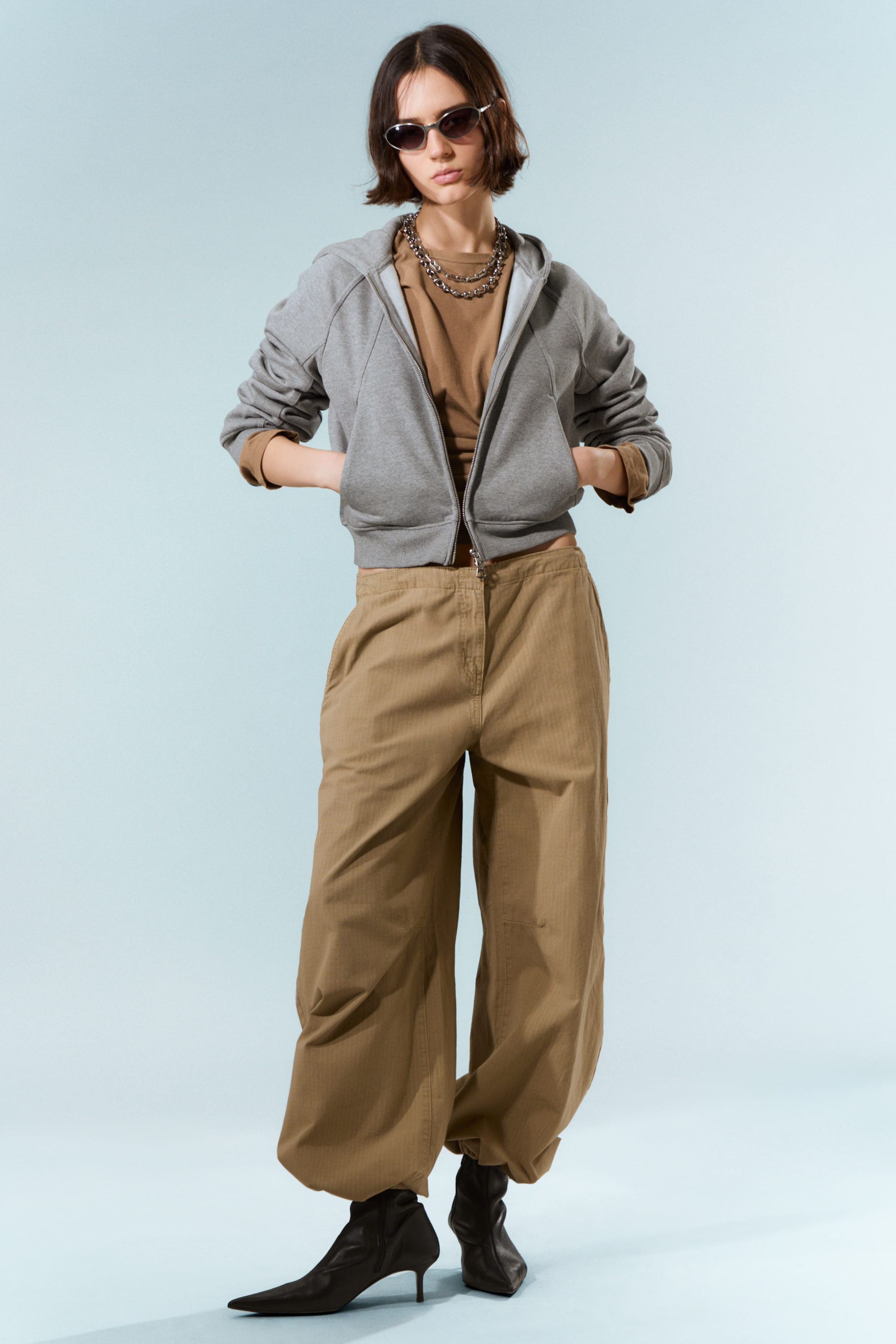 Beige - Low Rise Baggy Ripstop Trousers - 1