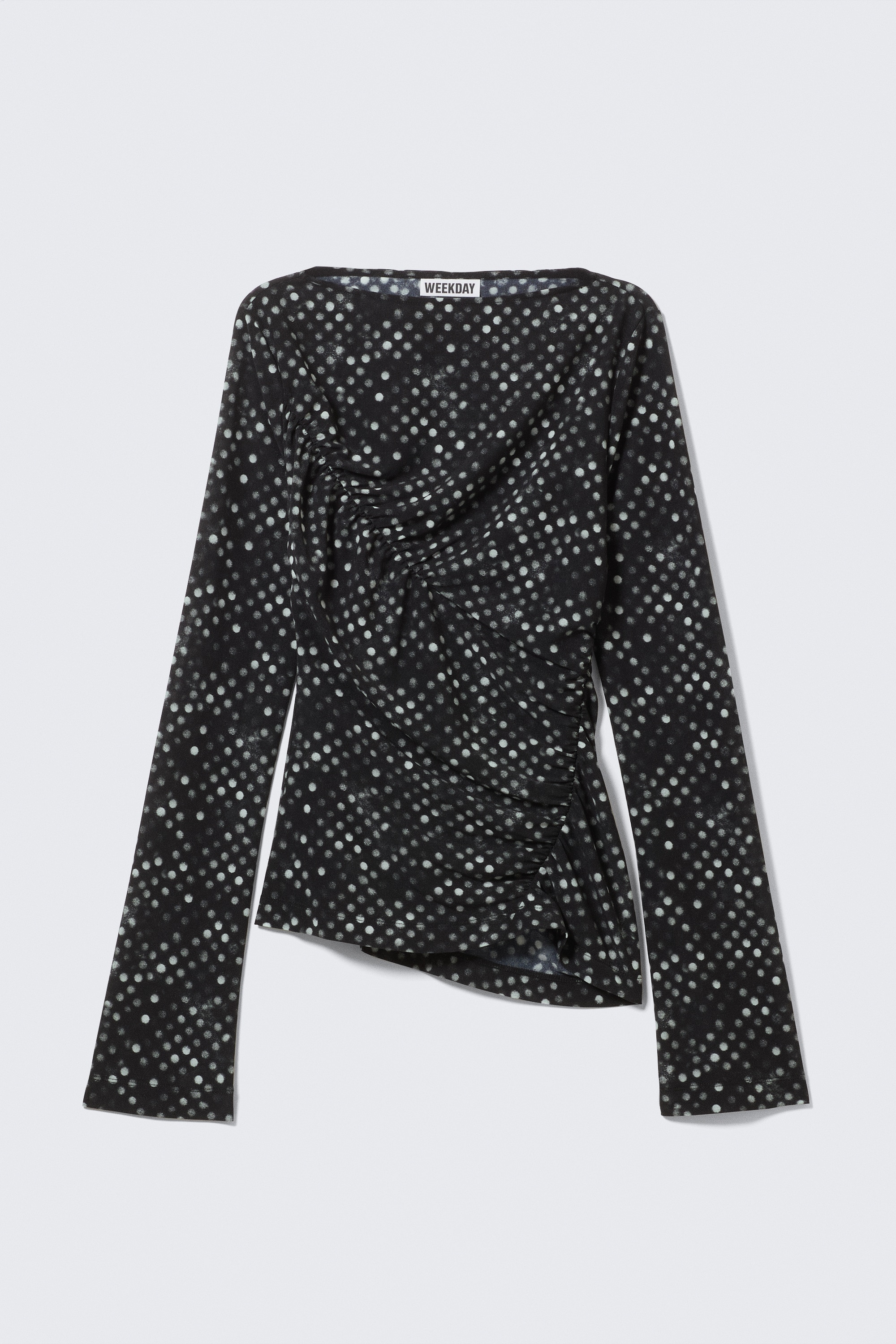 Ruched Printed Mesh Top - Black Polka Dots