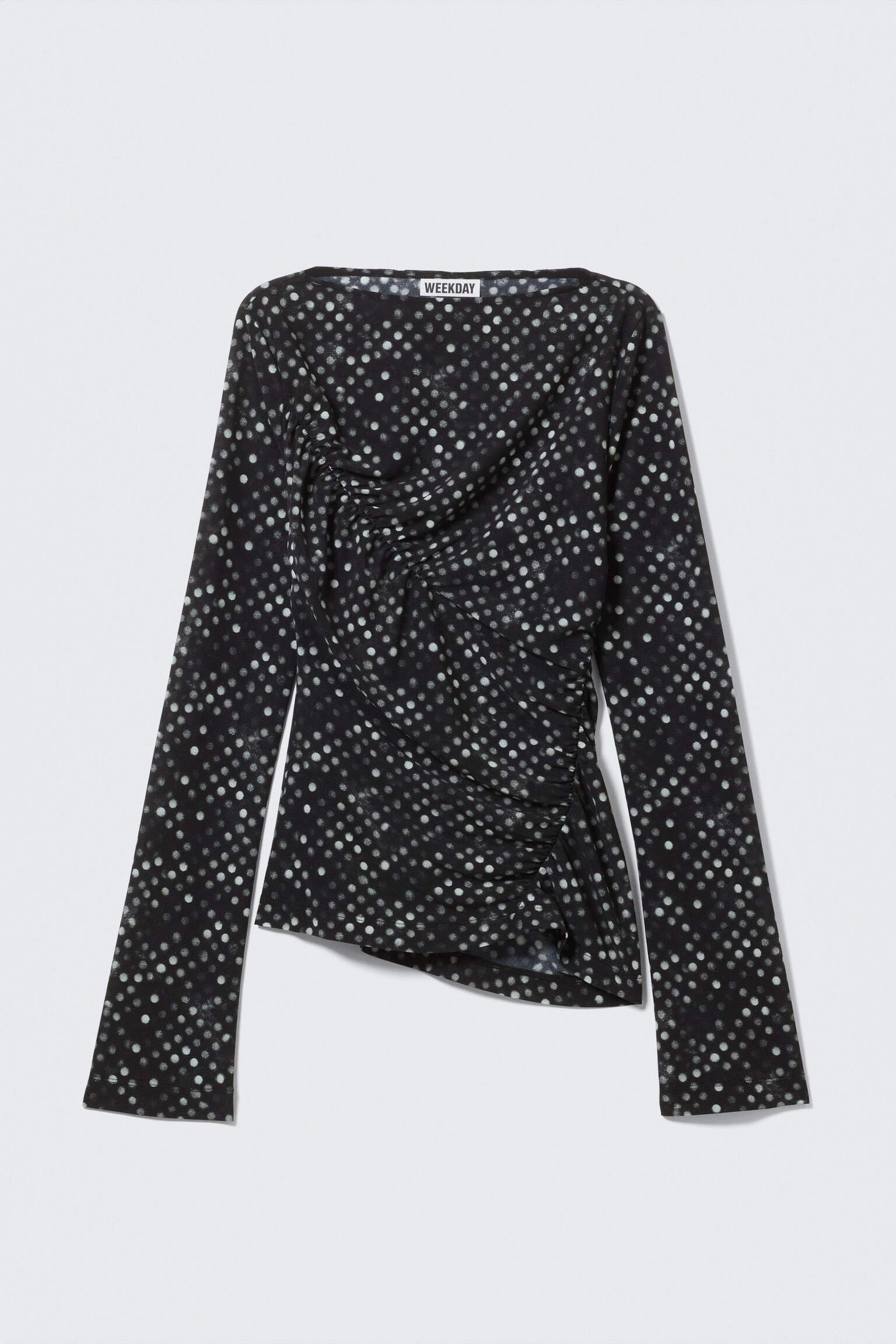 Gerüschtes Mesh-Top mit Print - Schwarze mit Punkten - 1