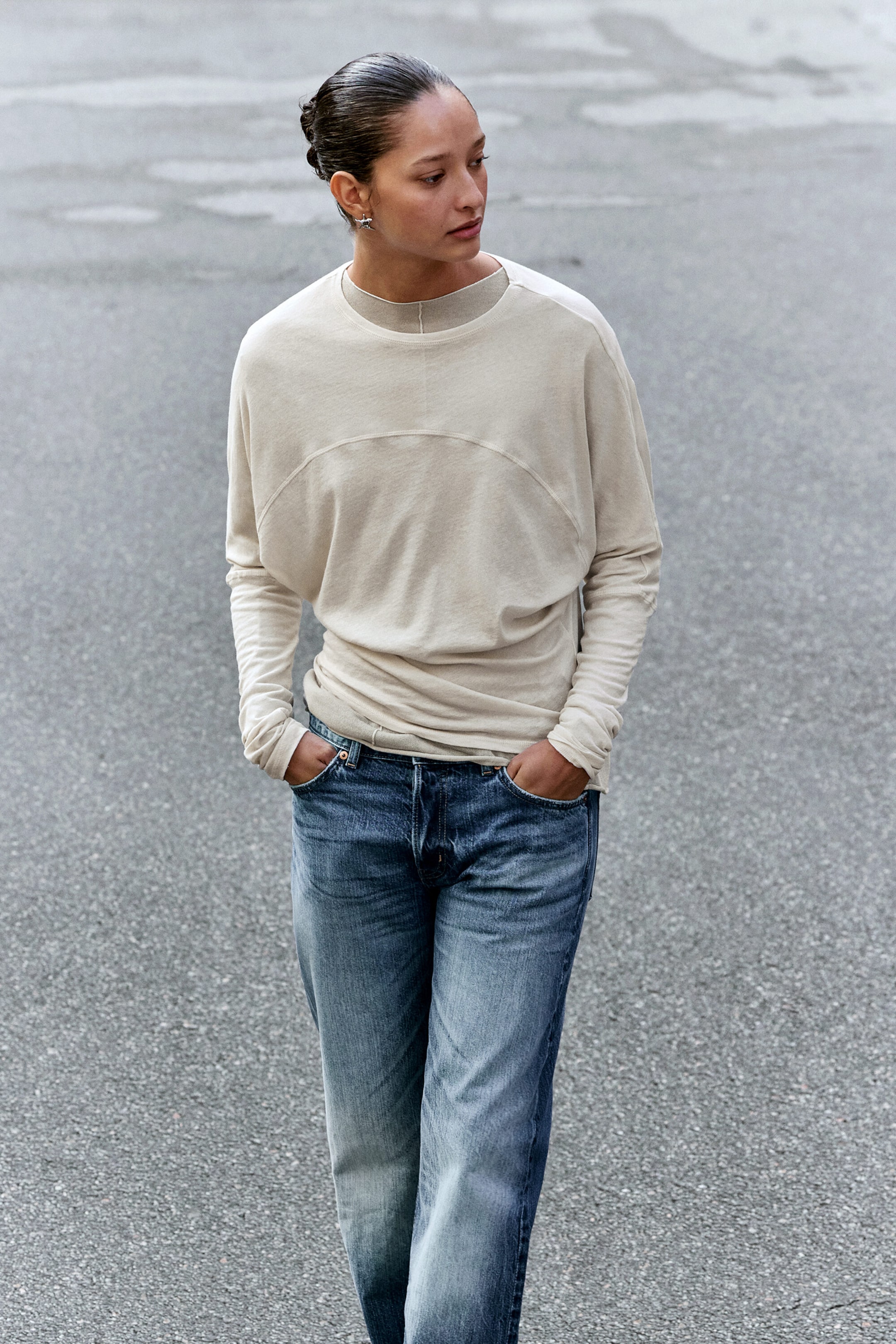 Beige clair - T-shirt à manches longues chauve-souris - 1