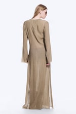 Beige - Sheer Long-Sleeved V-neck Maxi Dress - 3