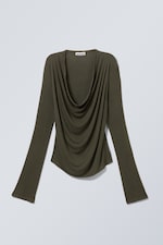 Dark Khaki Green - Draped Long-Sleeved Top - 0