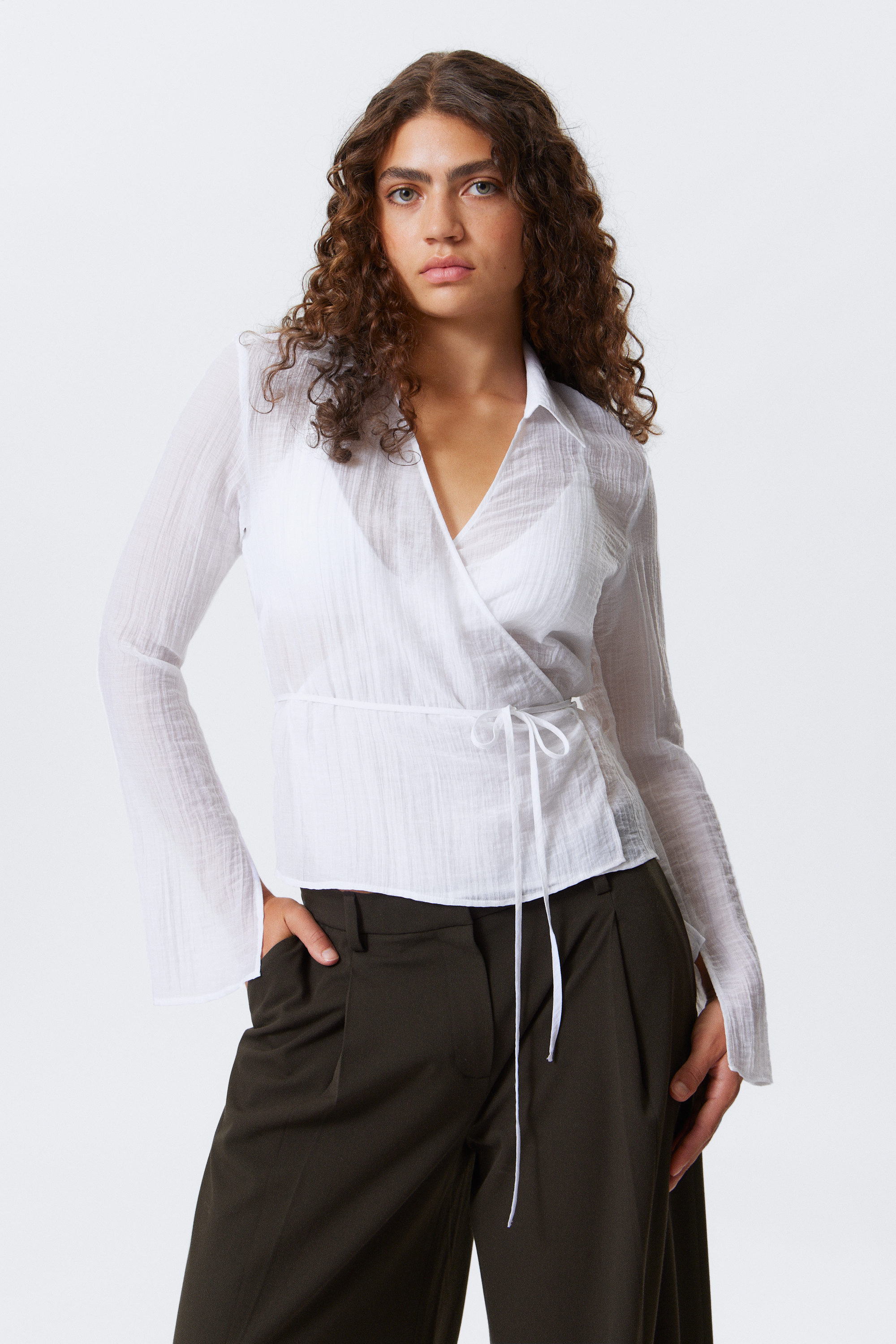 Transparent White - Textured Long-Sleeved Wrap Shirt - 1