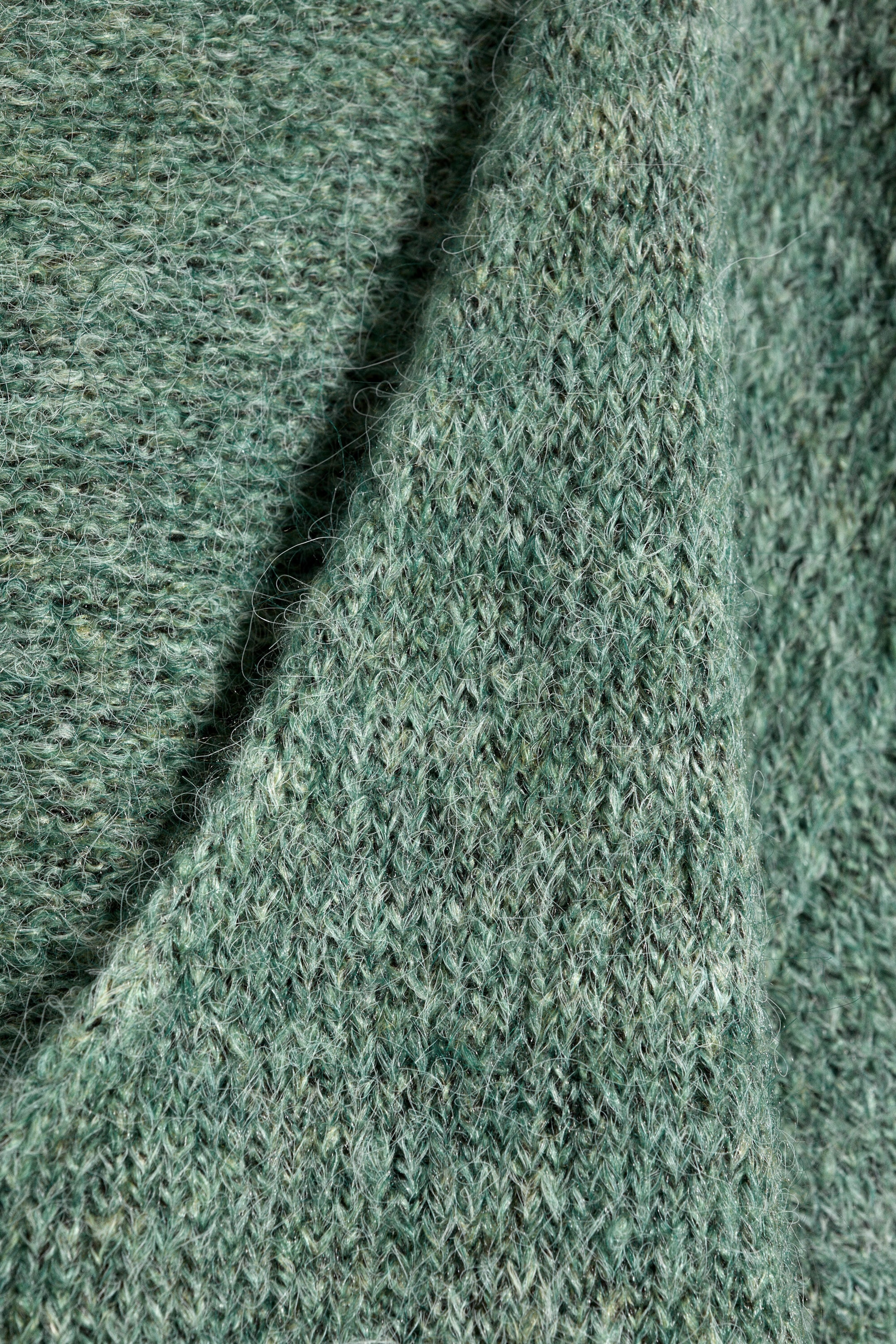 Green Melange - Oversized Knitted V-Neck Sweater - 4