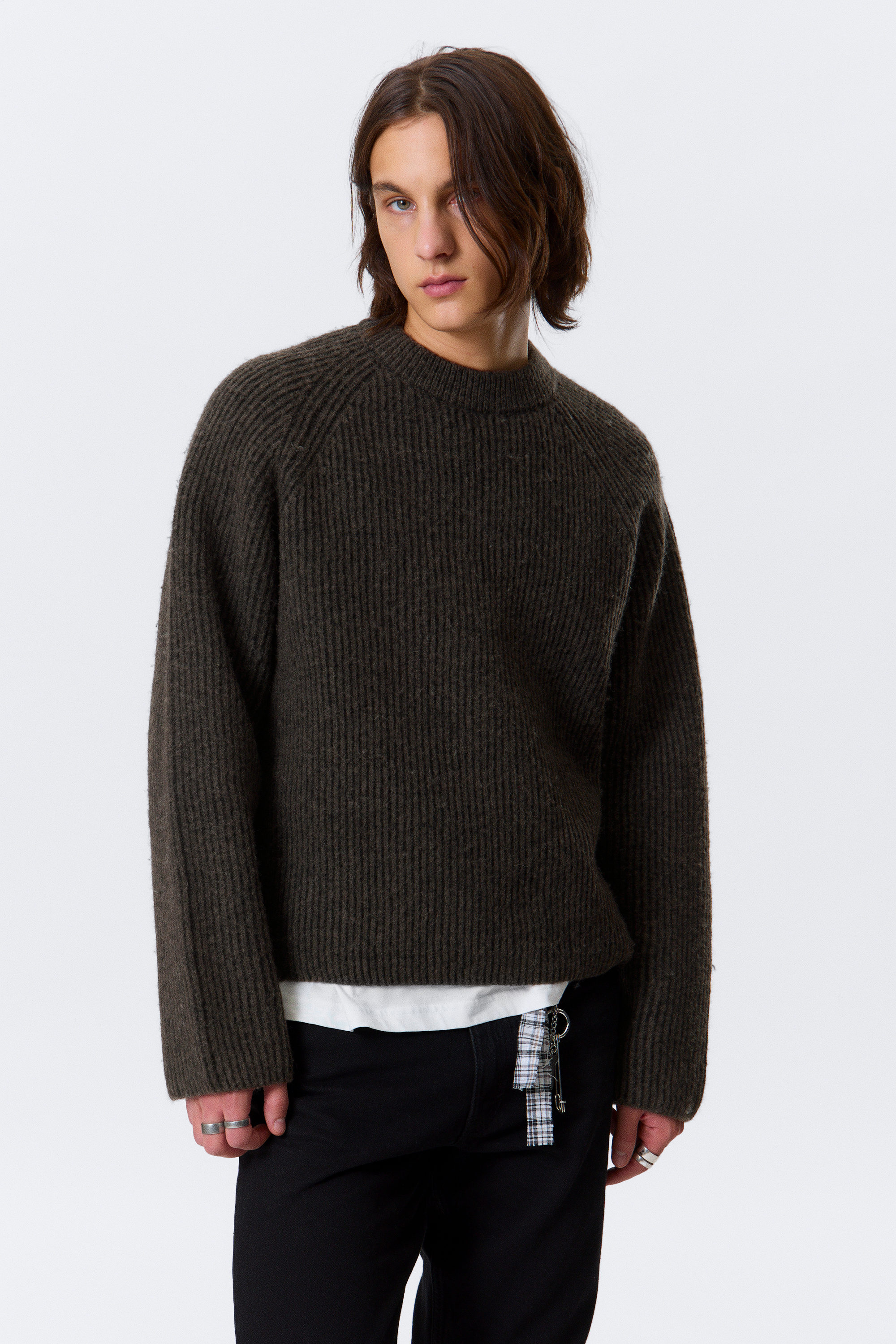 Two-tone Dark Brown - Knitted Two-Tone Wool Blend Sweater - 1