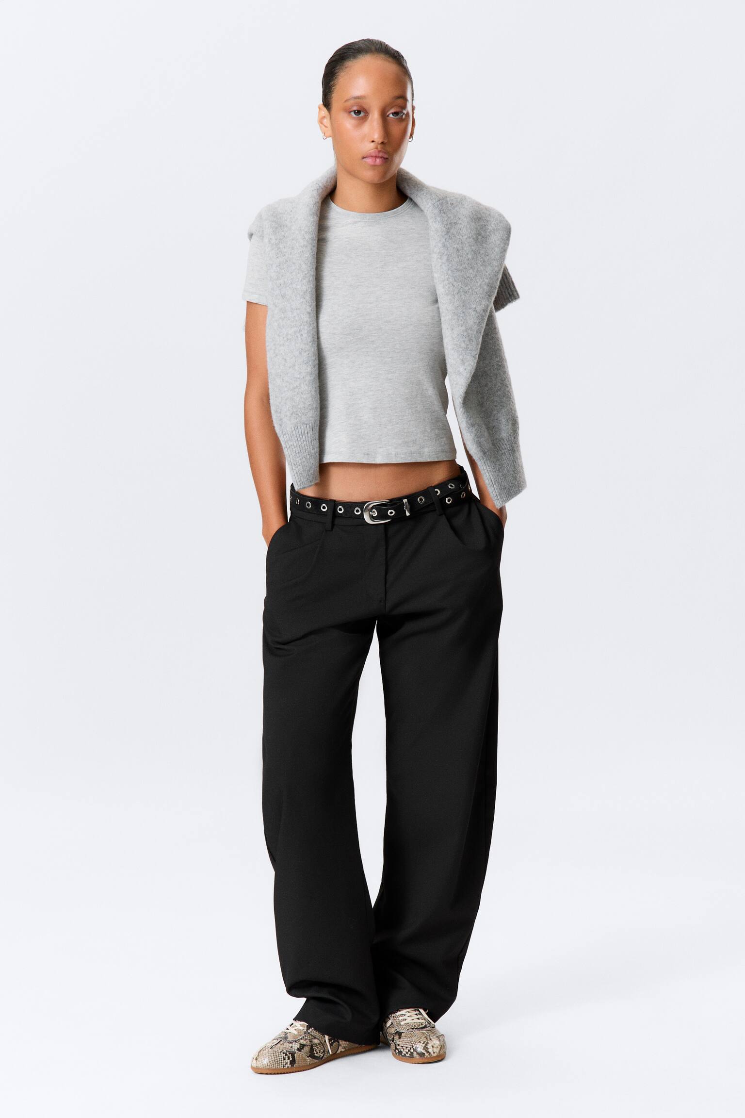 Pantalon de costume à jambes fuselées et coupe ample - Noir/Gris foncé chiné rayé - 9