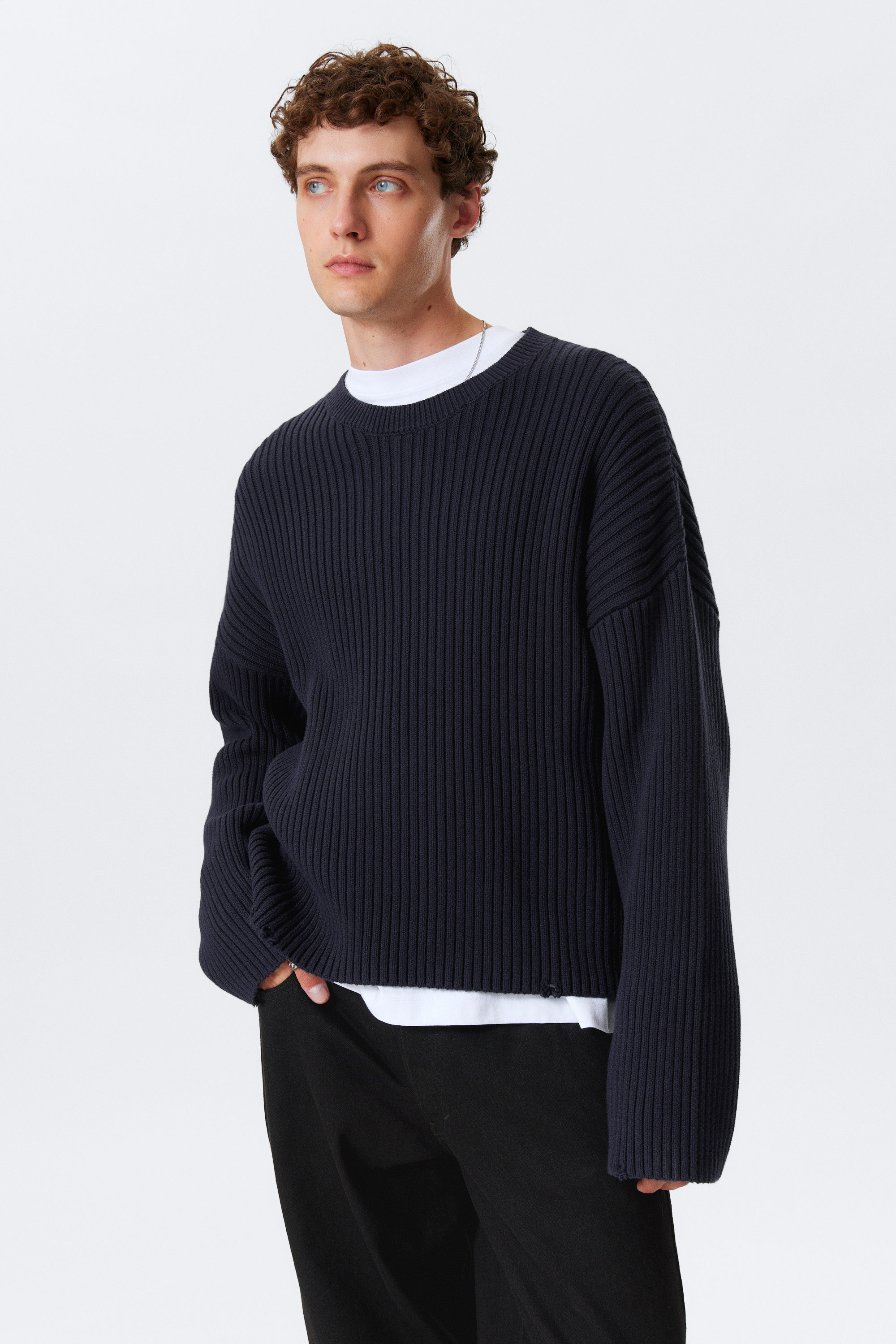 Dark Blue - Loose Ribbed Cotton Sweater - 1