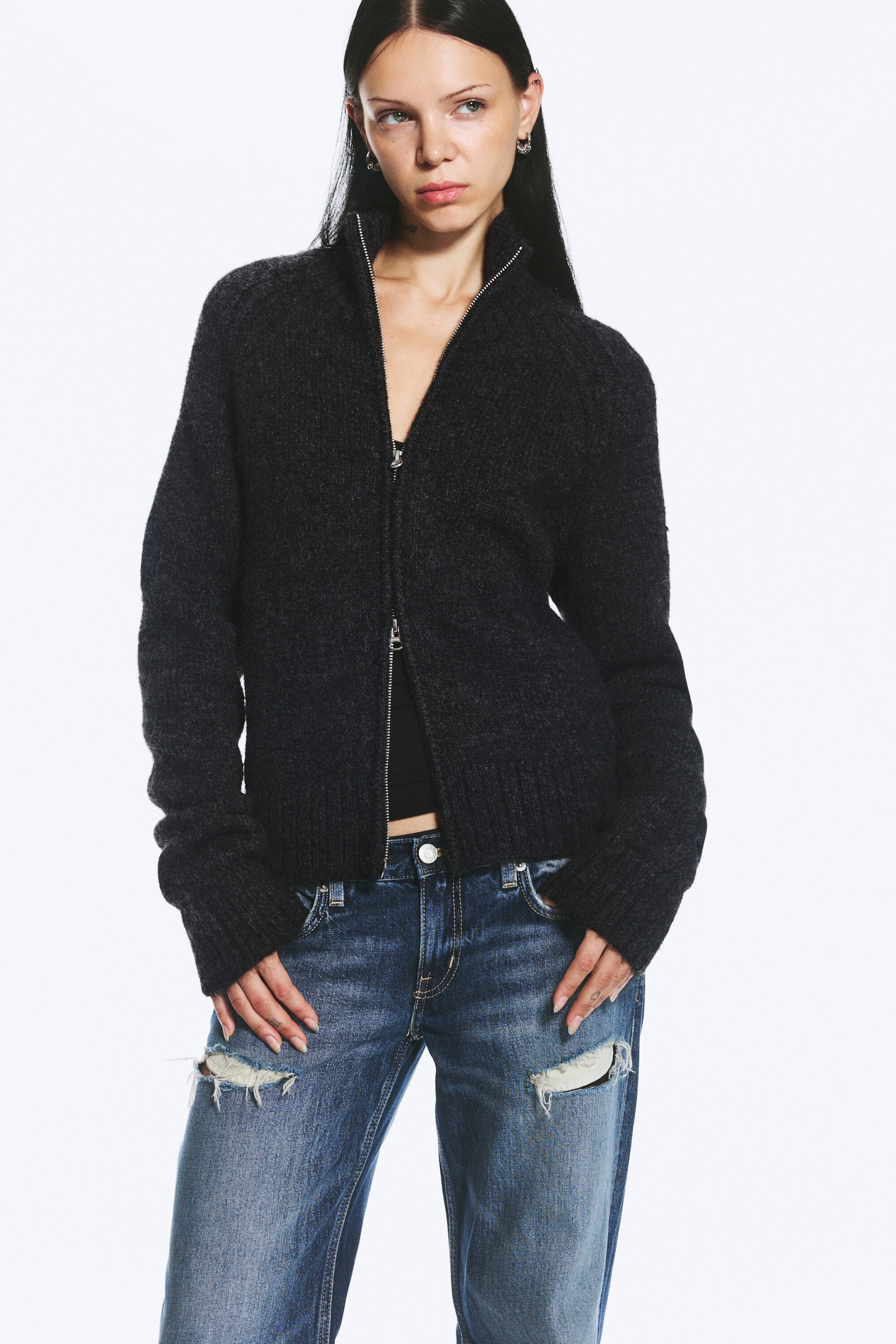Dark Grey Melange - Soft Knitted Fitted Zip Cardigan - 2