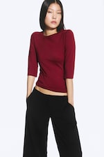 Dark Red - Fitted Three-Quarter Sleeve Top - 0