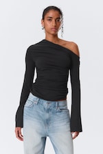 Zwart - Gedrapeerde asymmetrische lyocell top - 1