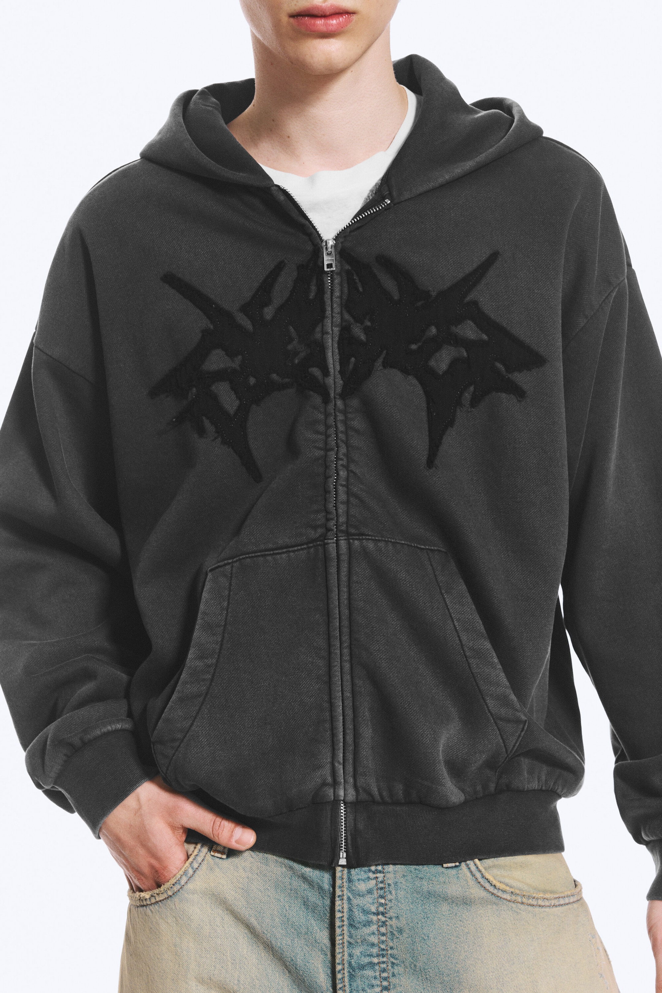 Noir délavé - Sweat à capuche zippé ample graphique - 2