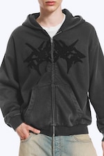 Noir délavé - Sweat à capuche zippé ample graphique - 1