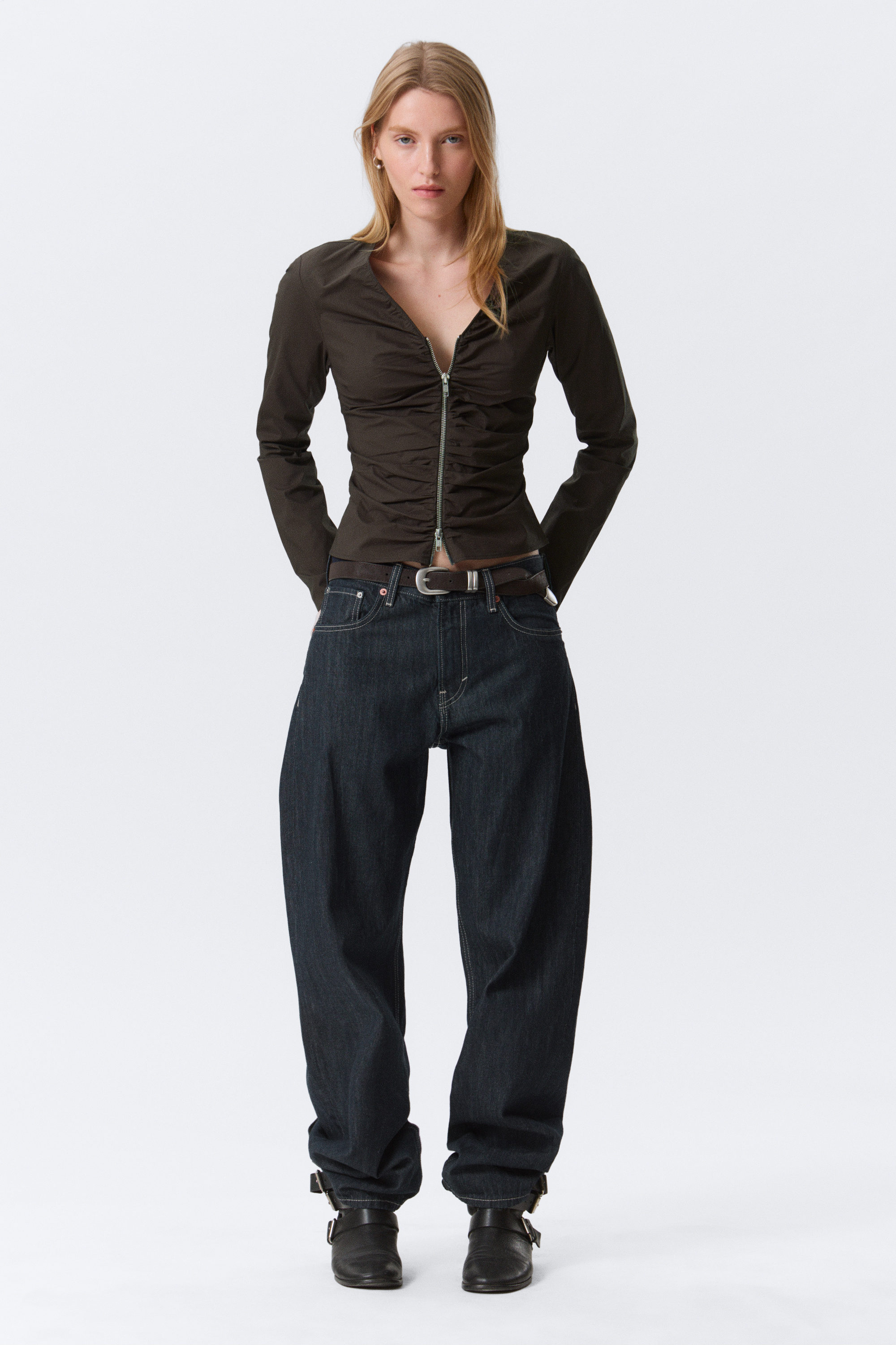 Dark Brown - Gathered V-Neck Zip Top - 1