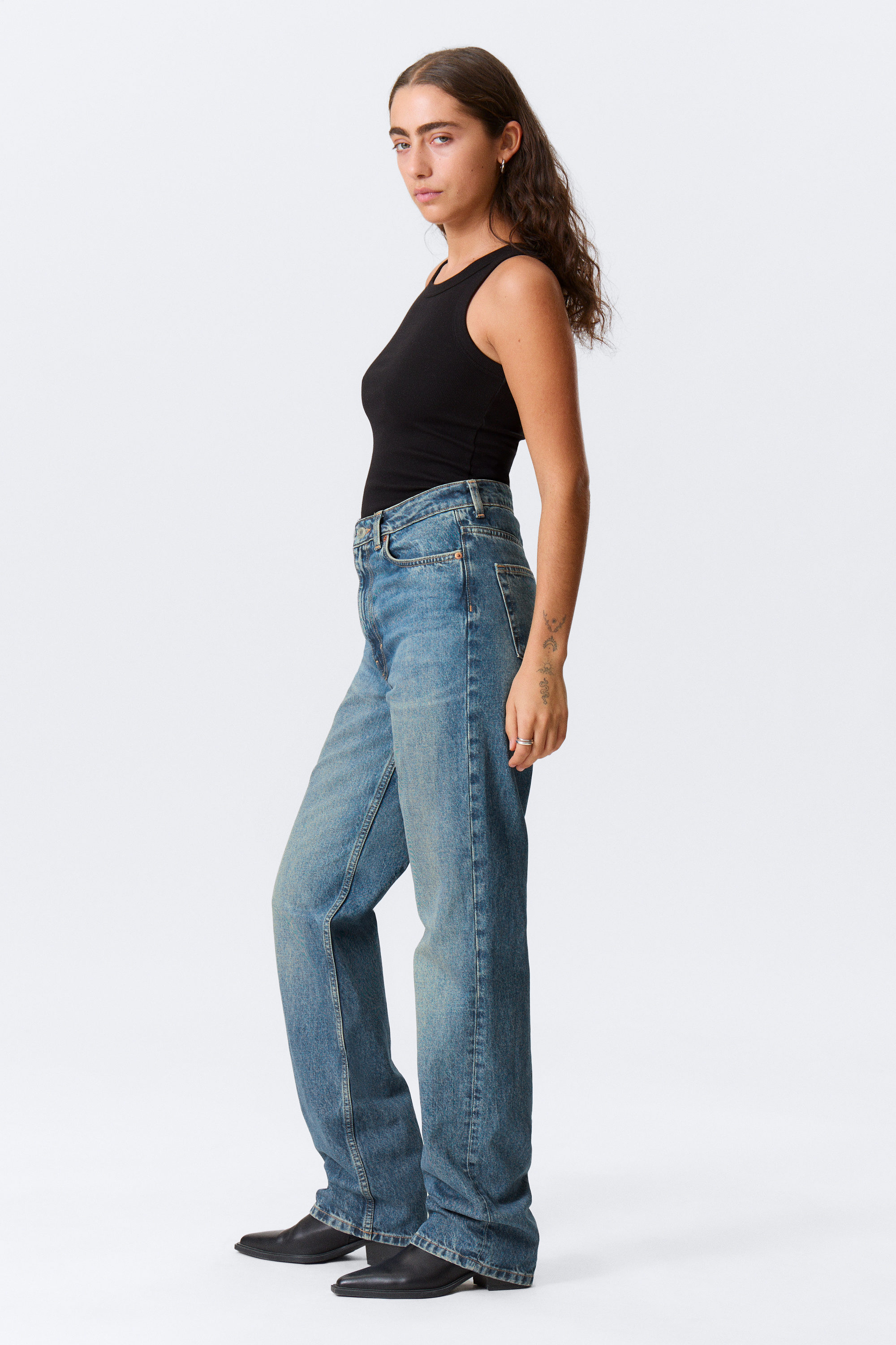 Iron Blue - Mellanblå - Rowe Super High Waisted Regular Straight Leg Jeans - 2